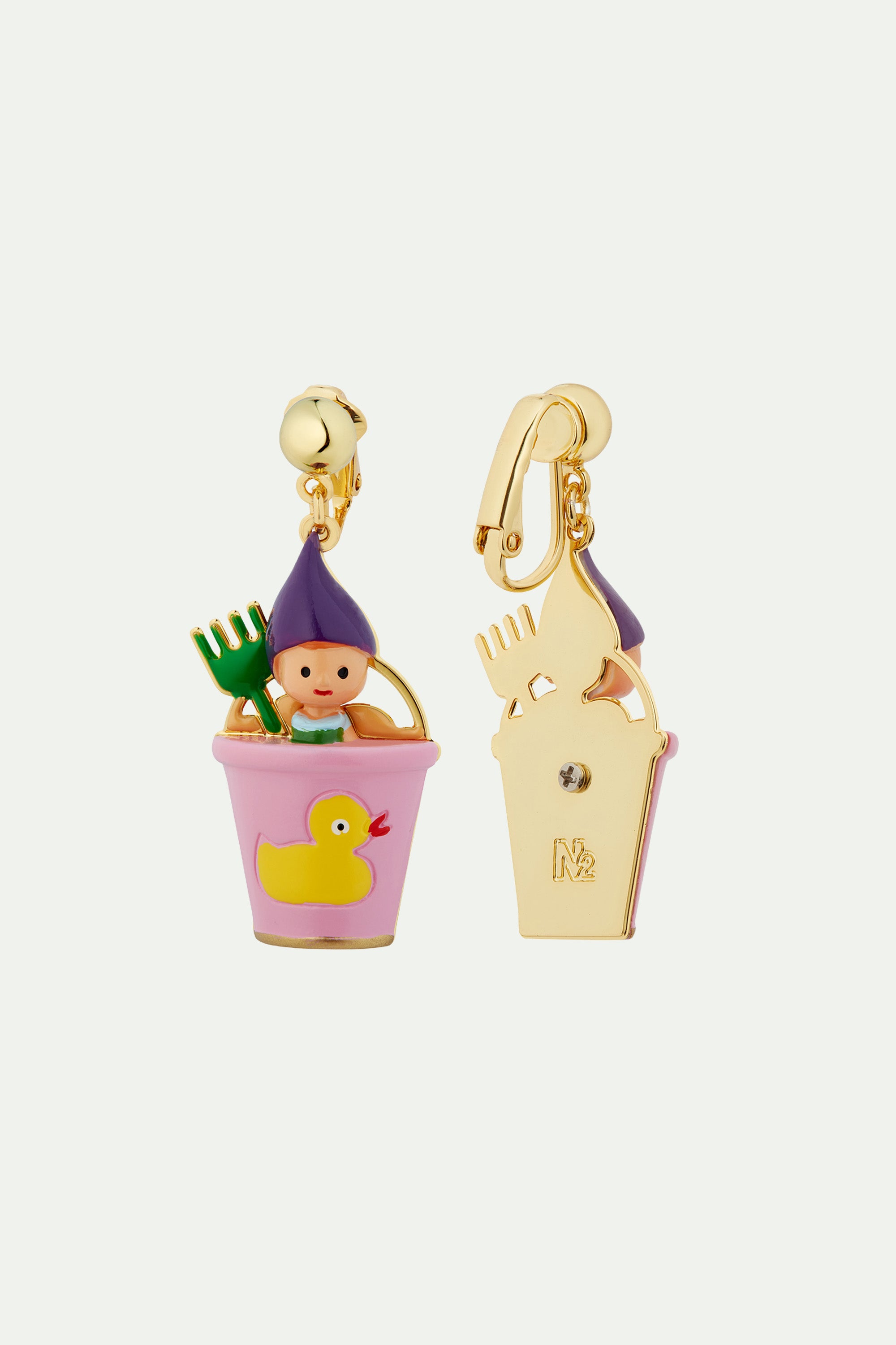 Gnome, green rake and pink bucket earrings