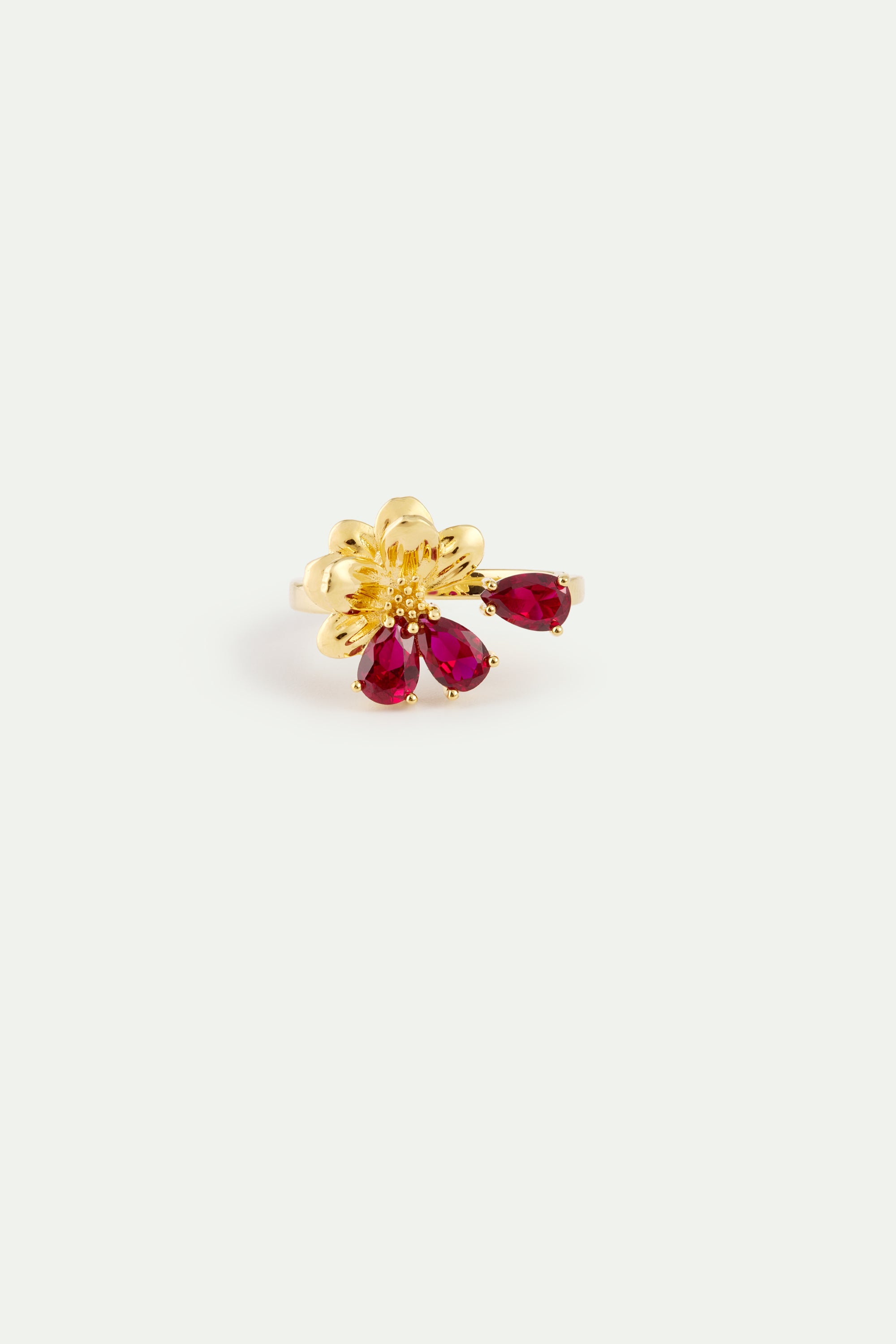 Gold adjustable ring with cosmos and red stones
