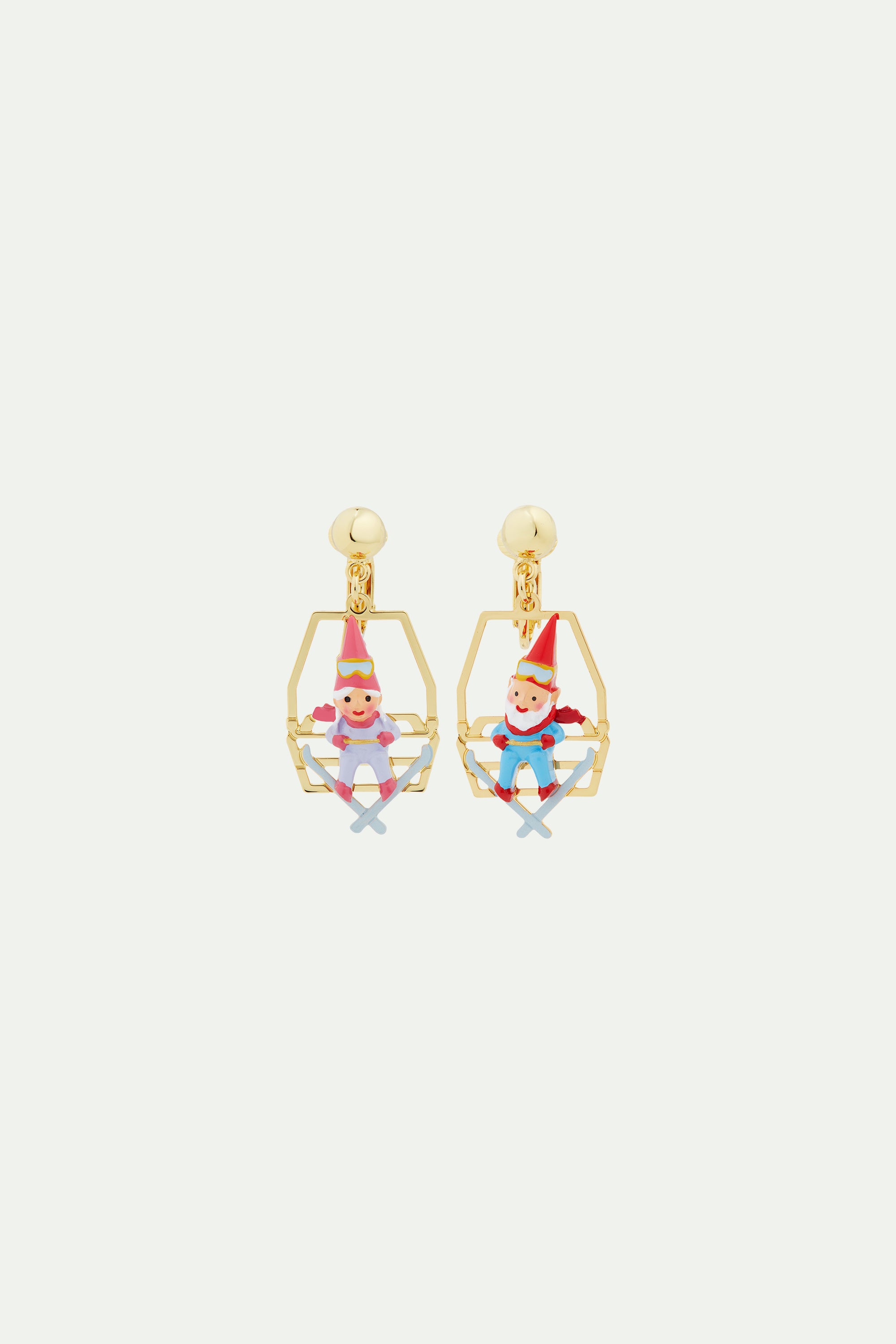 Garden gnomes sitting on chairlift clip-on earrings