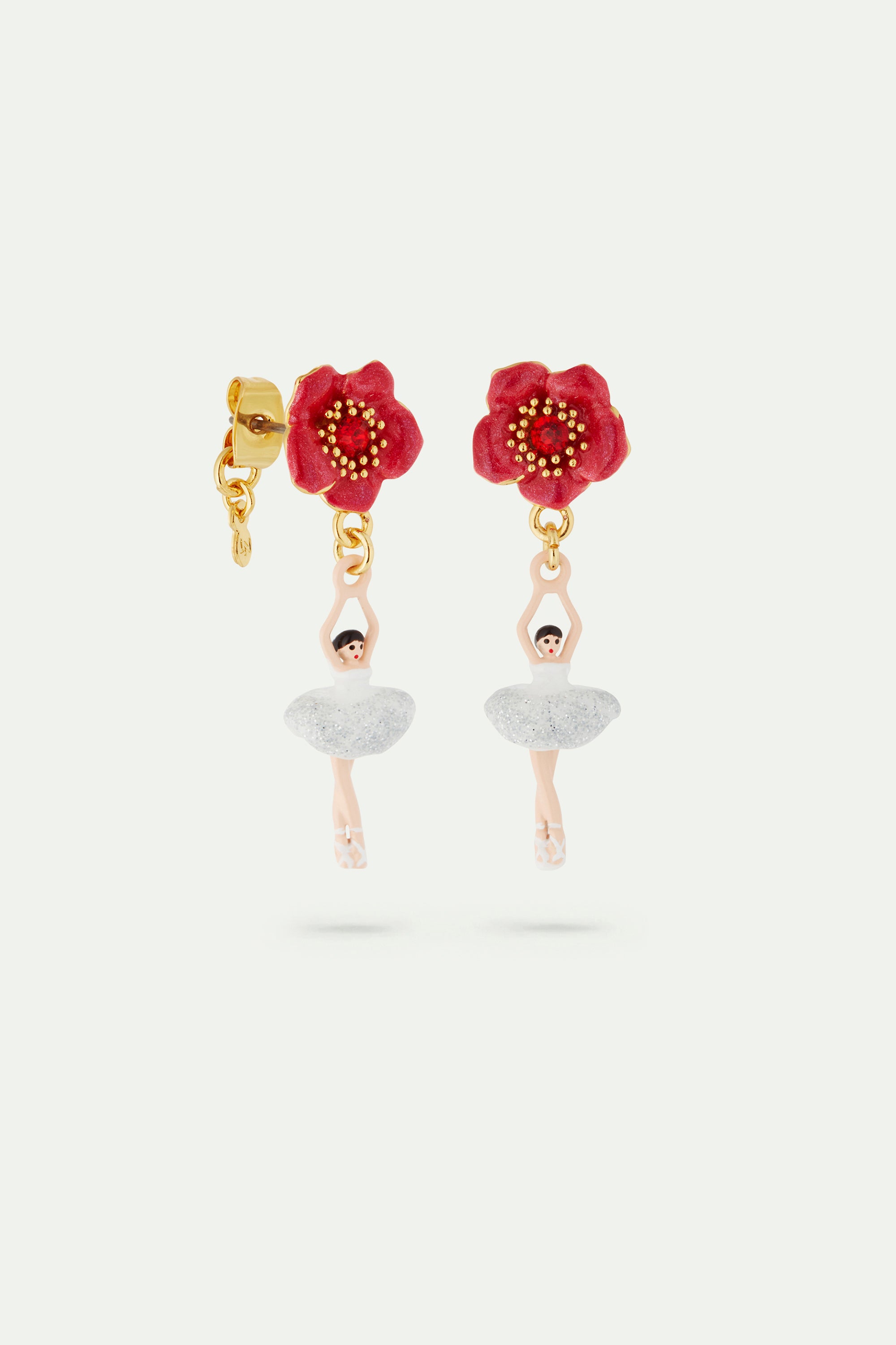 Ballerina and red flower clip-on earrings