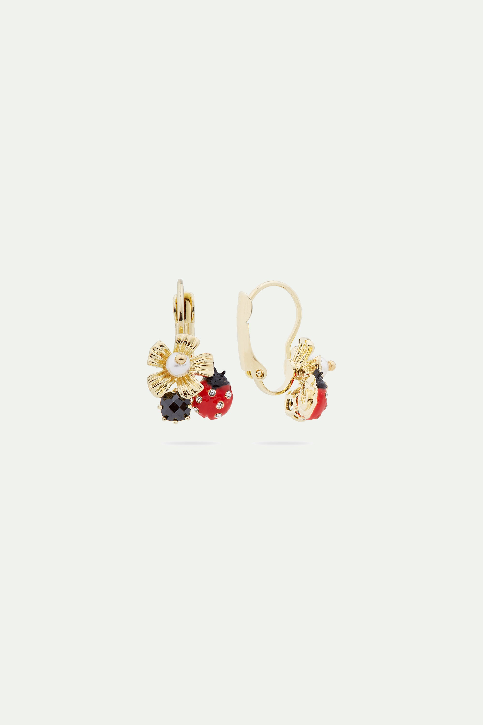 Ladybird and anemone with mother of pearl bead sleeper earrings