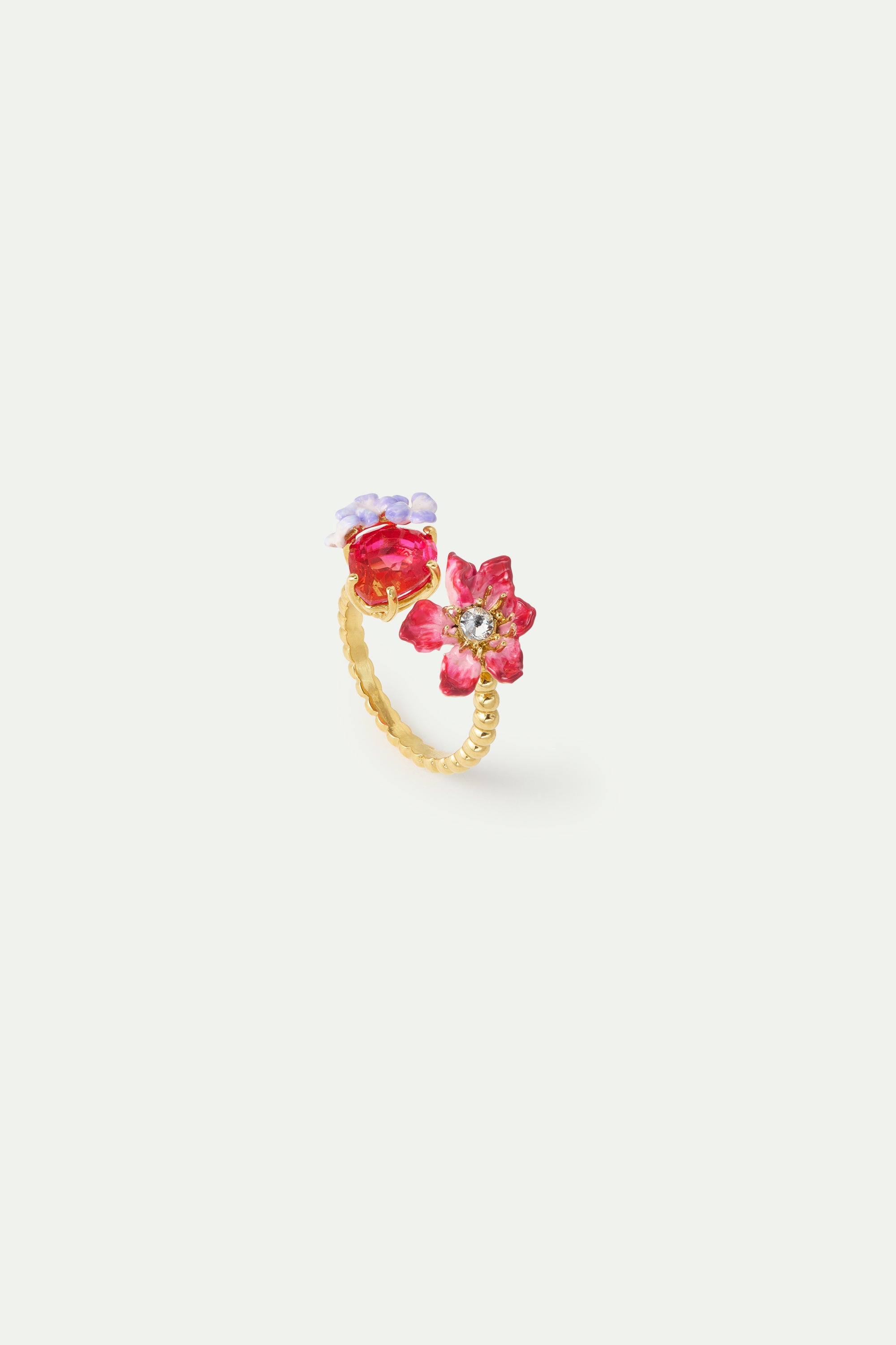 Pink clementis, faceted glass and purple wisteria adjustable ring