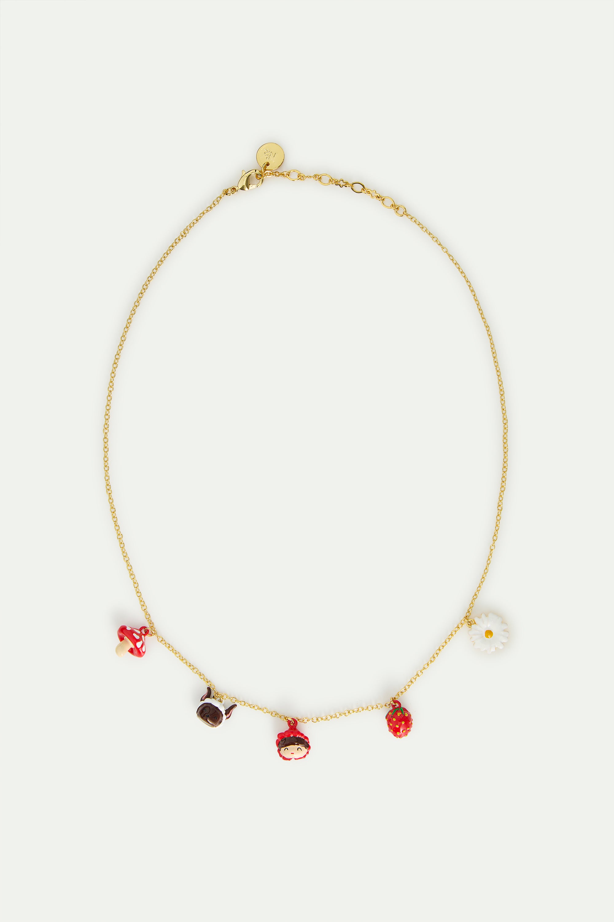 Little Red Riding Hood, Wolf, mushroom, strawberry and daisy pendant necklace