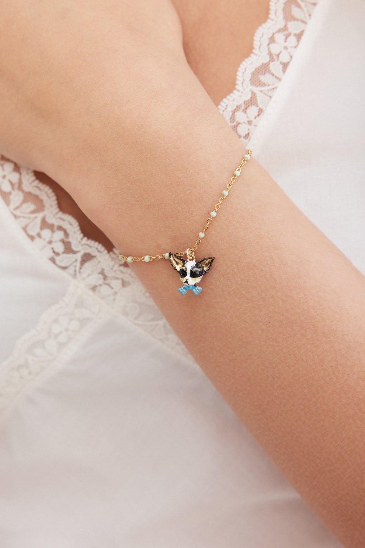 Chihuahua and blue bow tie fine bracelet