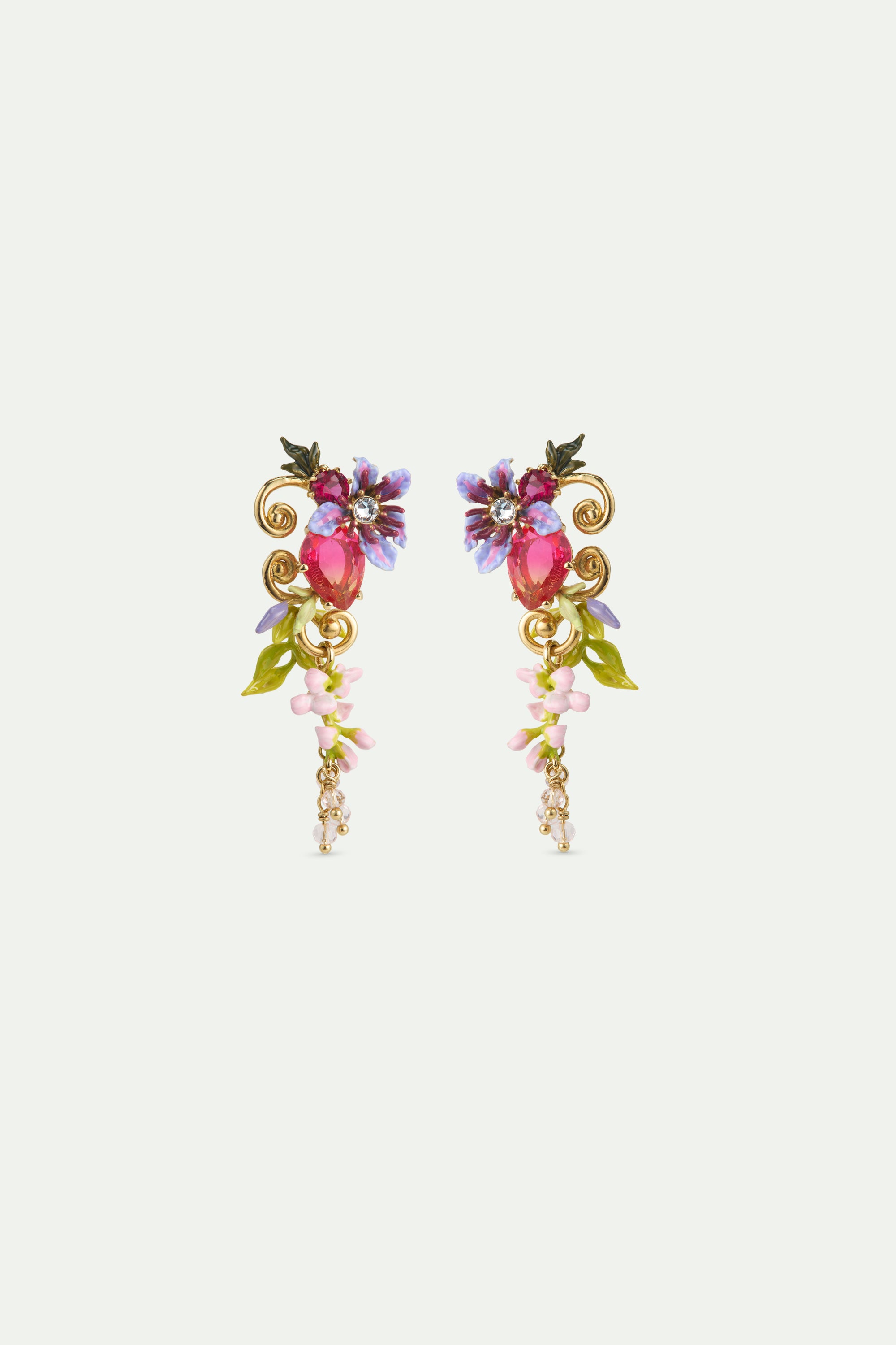 Two-tone faceted glass dangle earrings, pink wisteria on a golden arabesque, faceted crystal bead and ivy