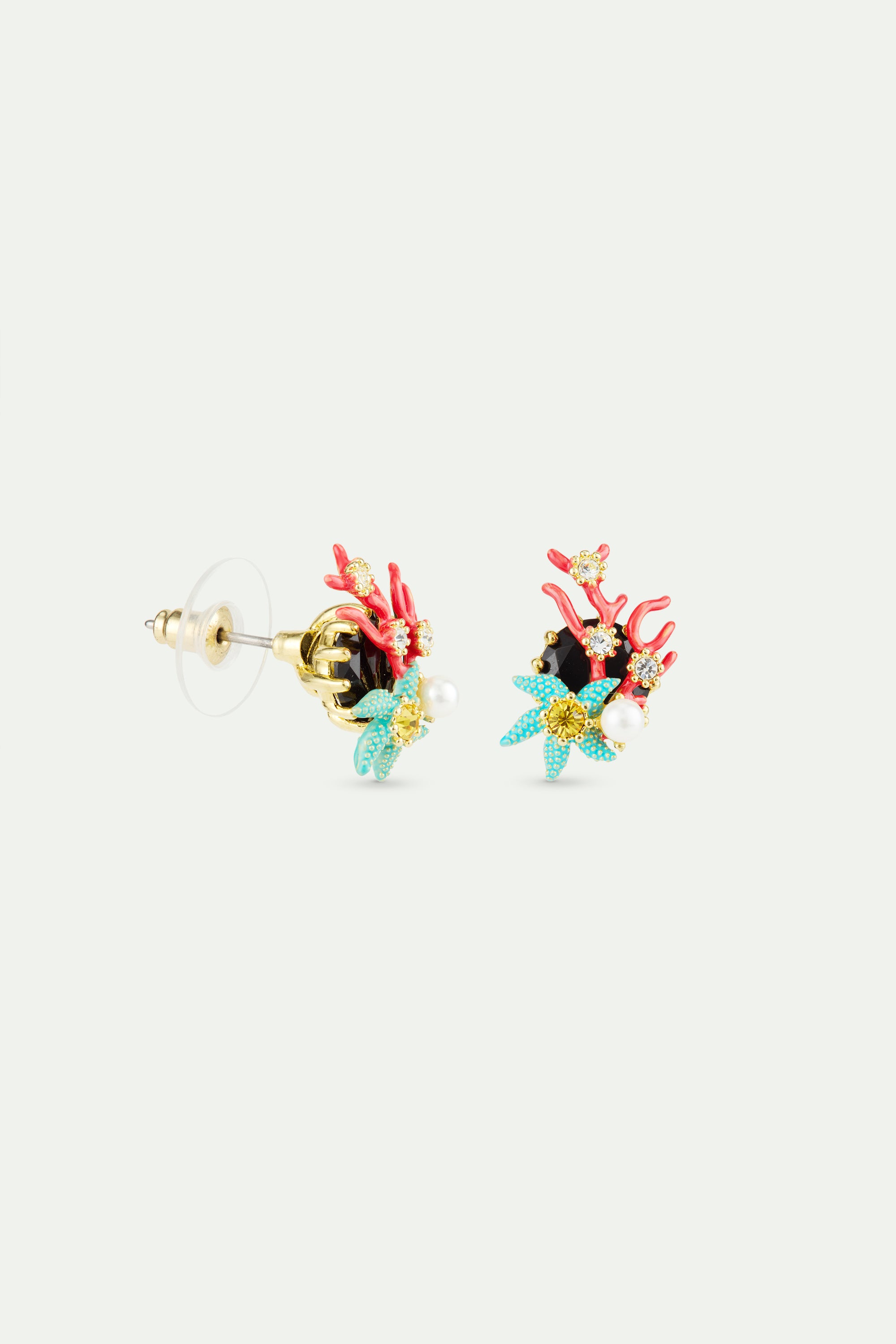 Post  earrings with round black faceted stone, red coral, blue starfish and cultured pearl