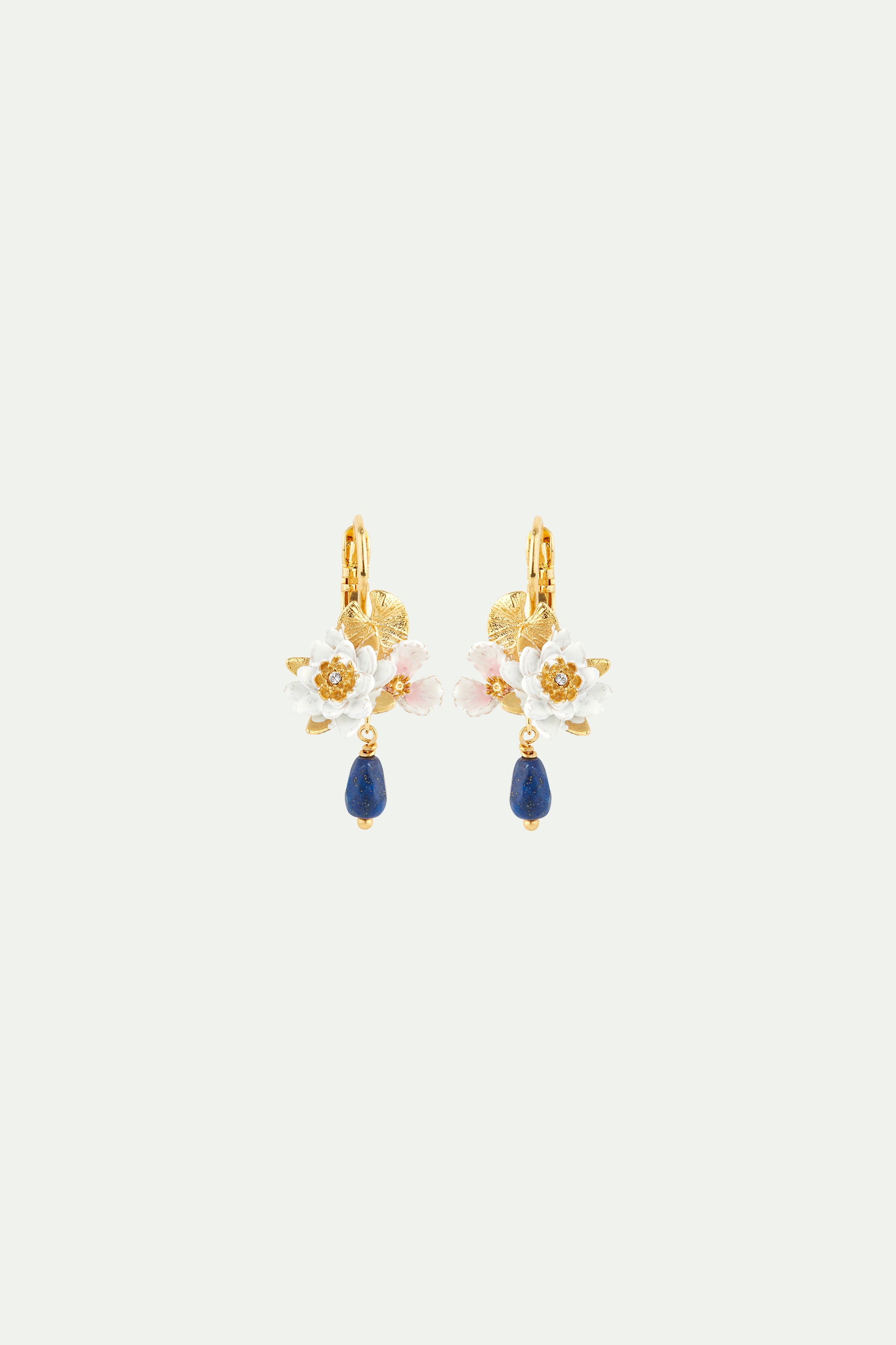 White water lily and lapis lazuli sleeper earrings