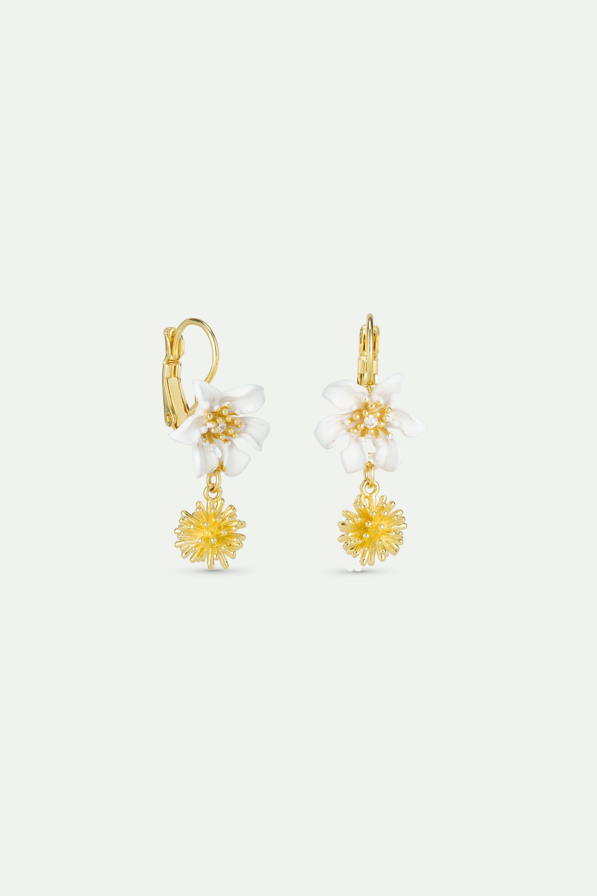 White clematis and japanese kerria sleeper earrings