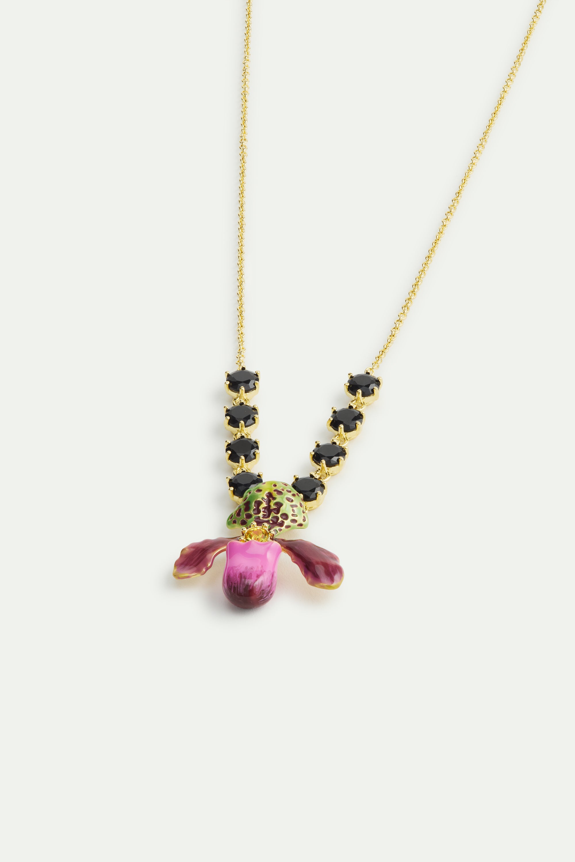 Purple lady's slipper orchid necklace with black faceted glass stones