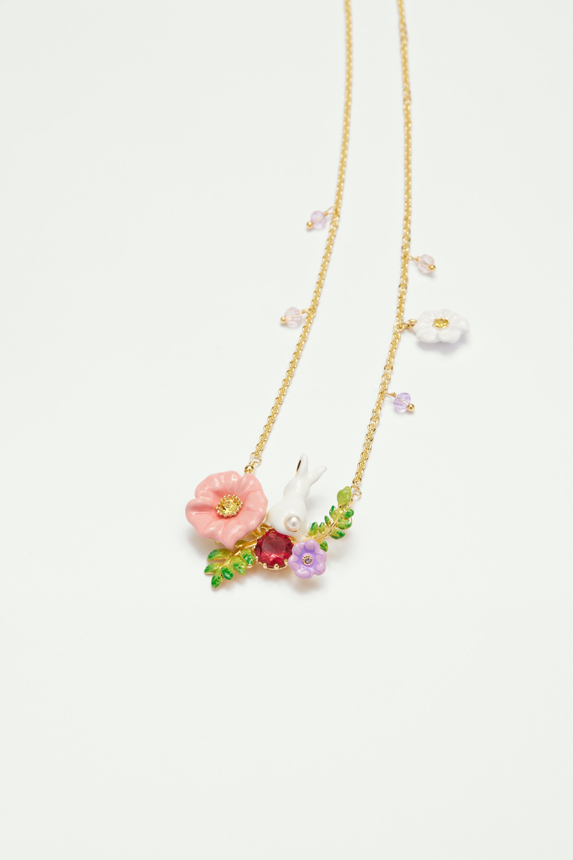 Rabbit on Pink Flower Pendant Necklace