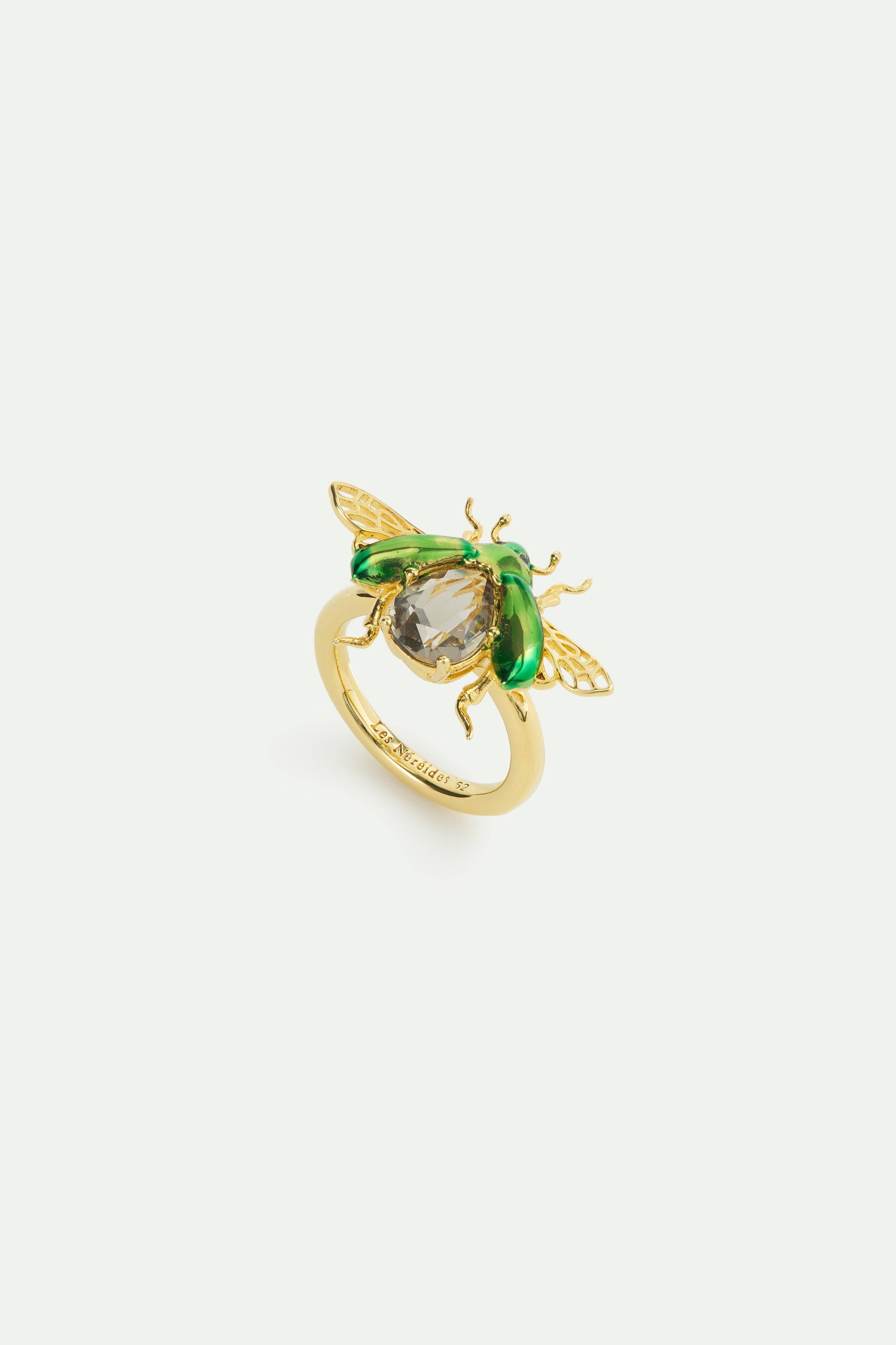 Flying green rose chafer and black faceted stone ring