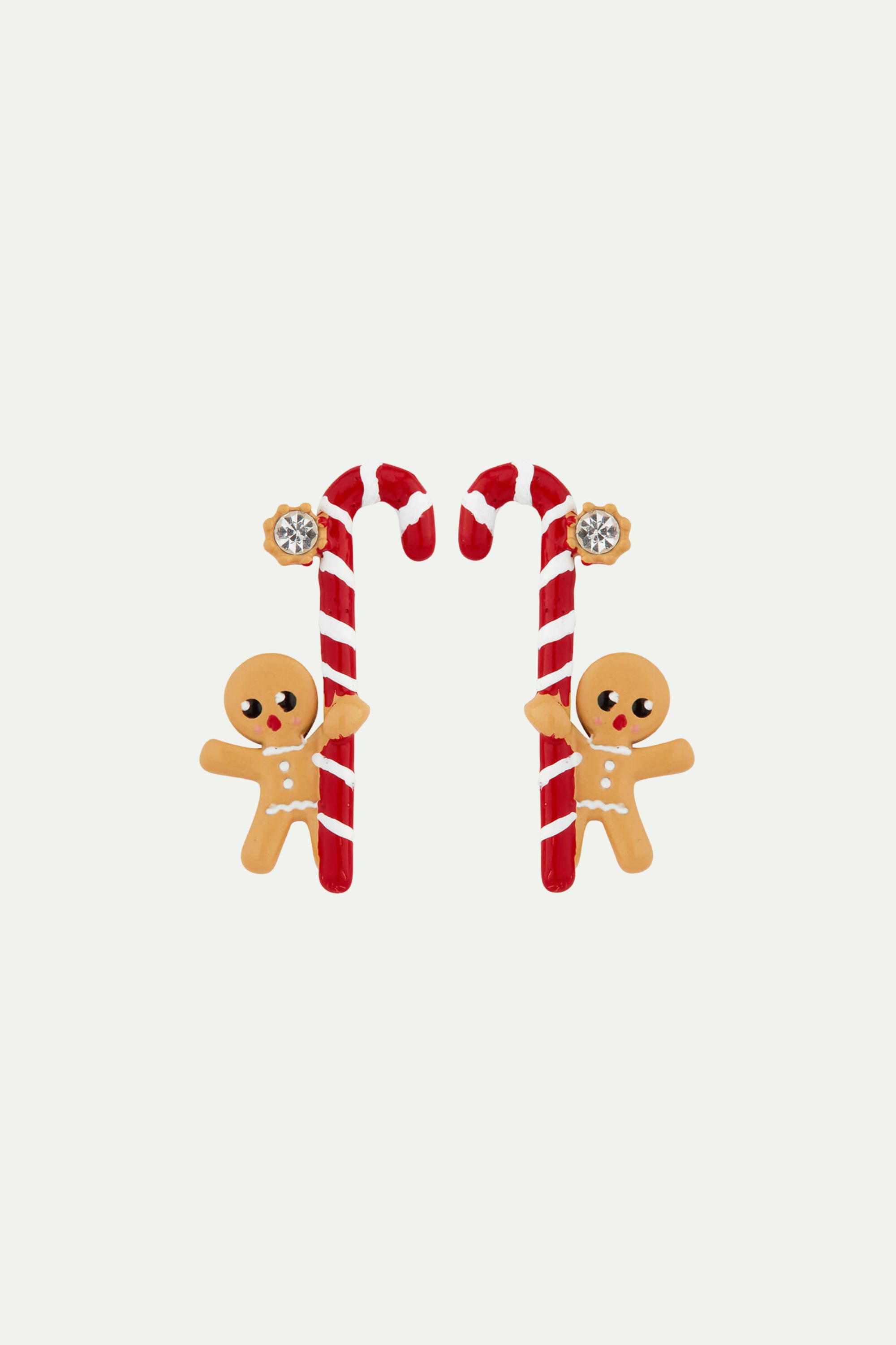 Little gingerbread man and candy cane post earrings