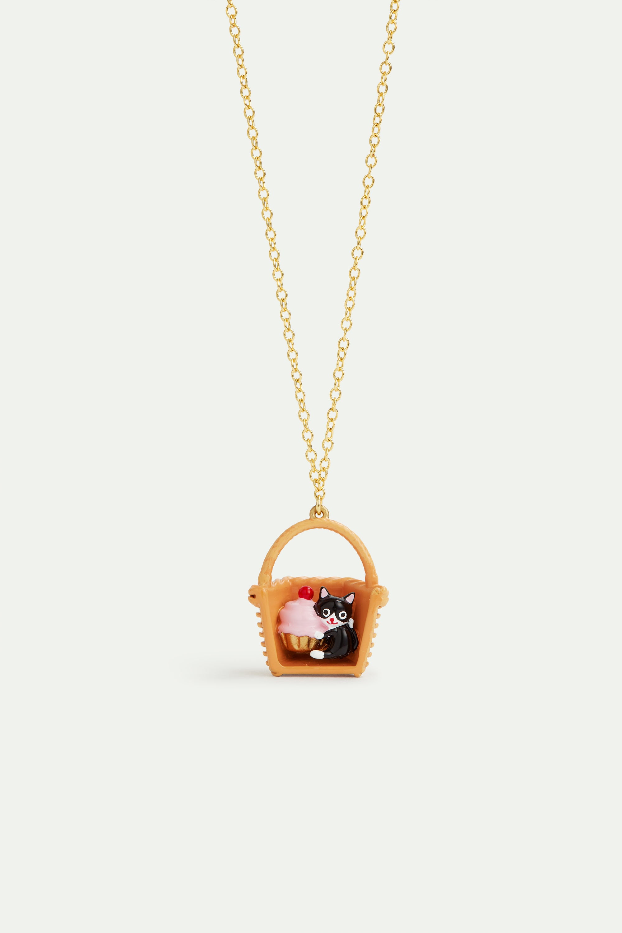 Basket, black cat and pastry pendant necklace