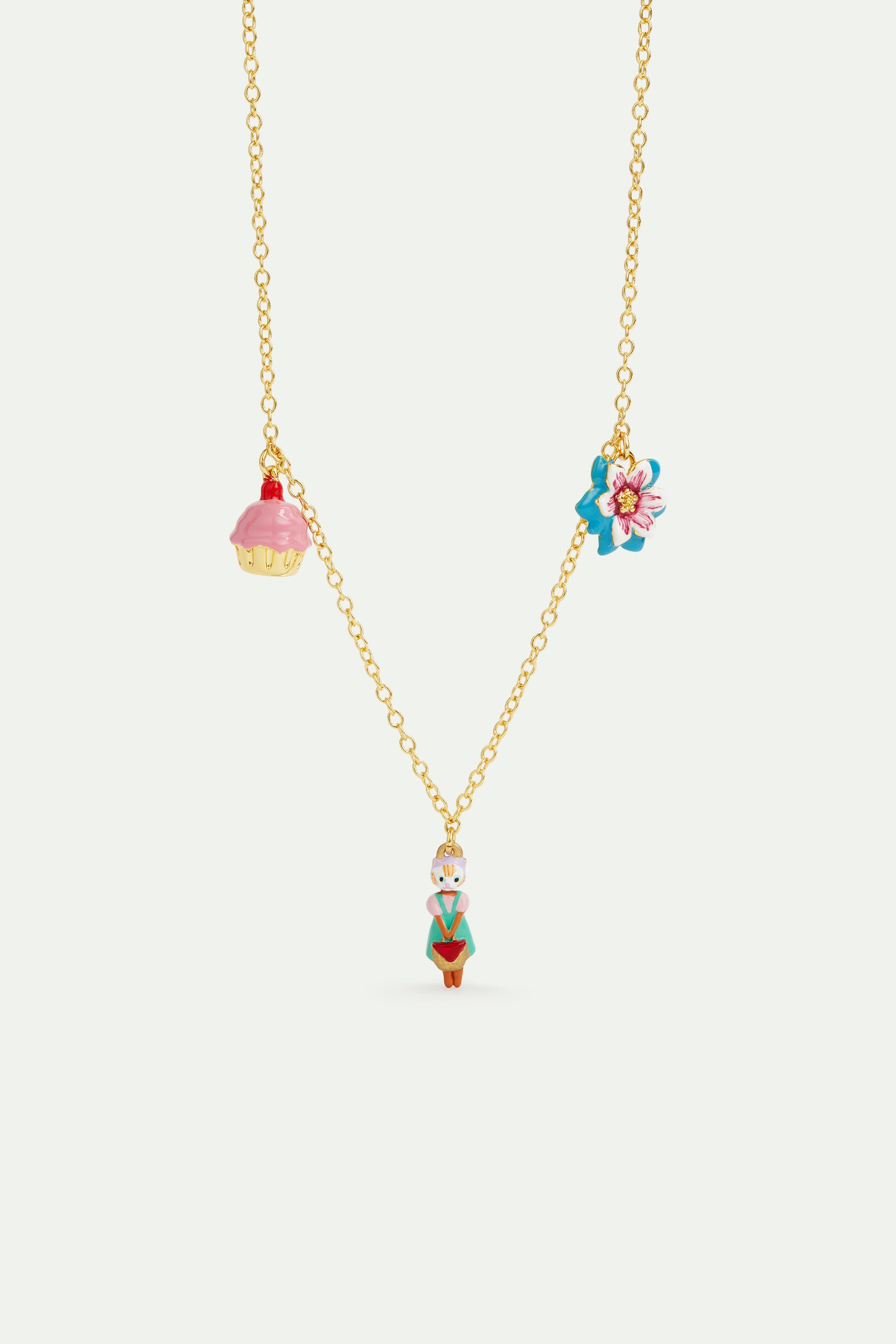 Ginger cat, blue flower and pastry pendant necklace