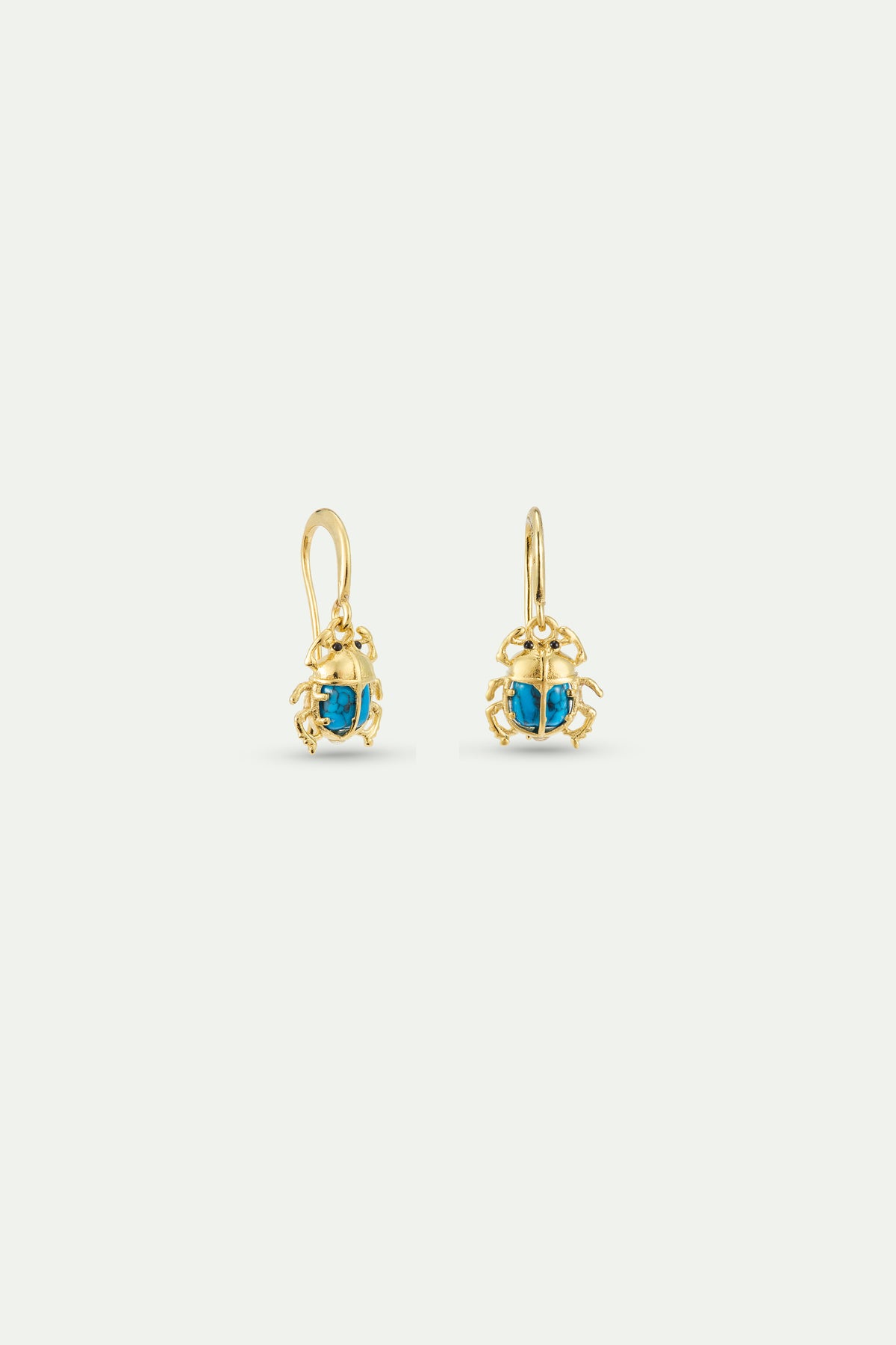 Turquoise and gold beetle hook earrings