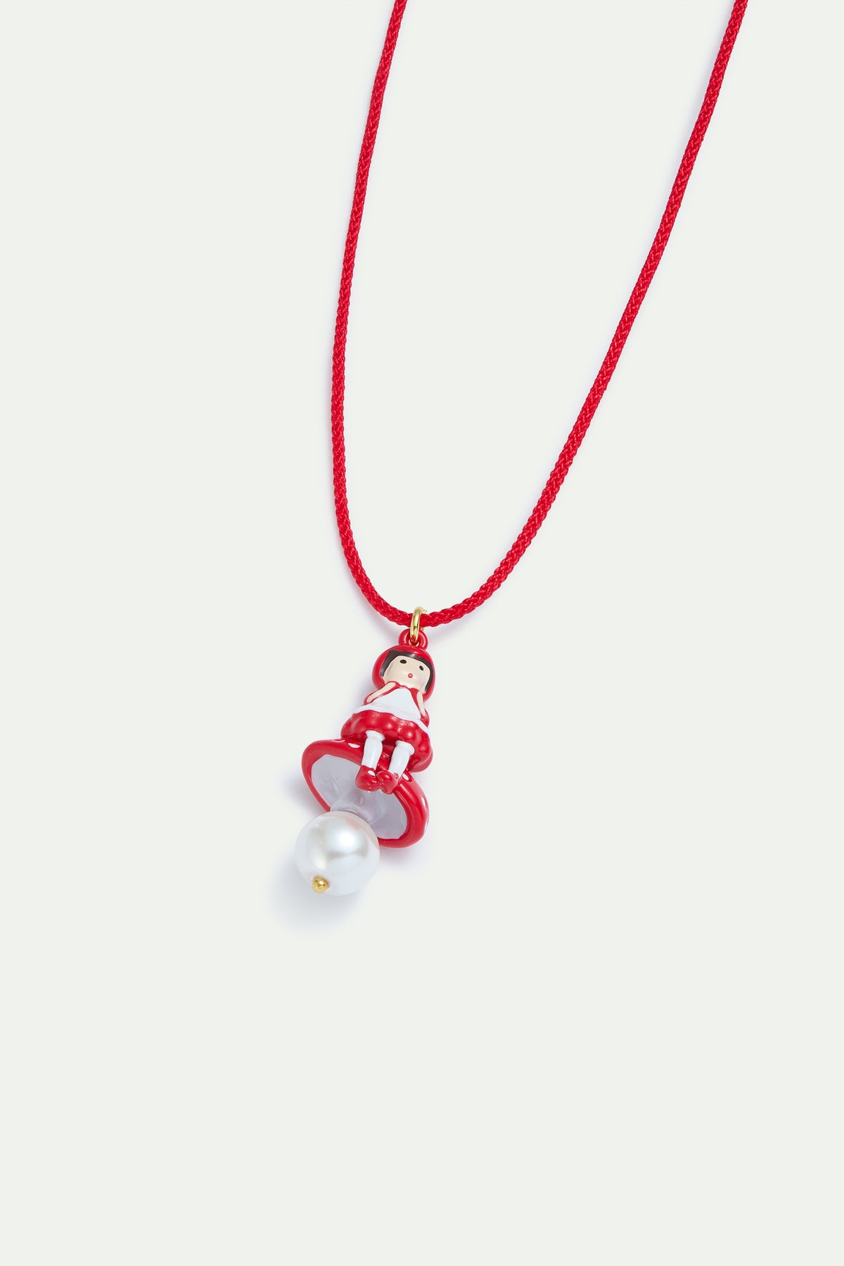 Red pendant necklace with Little Red Riding Hood, mushroom and imitation pearl
