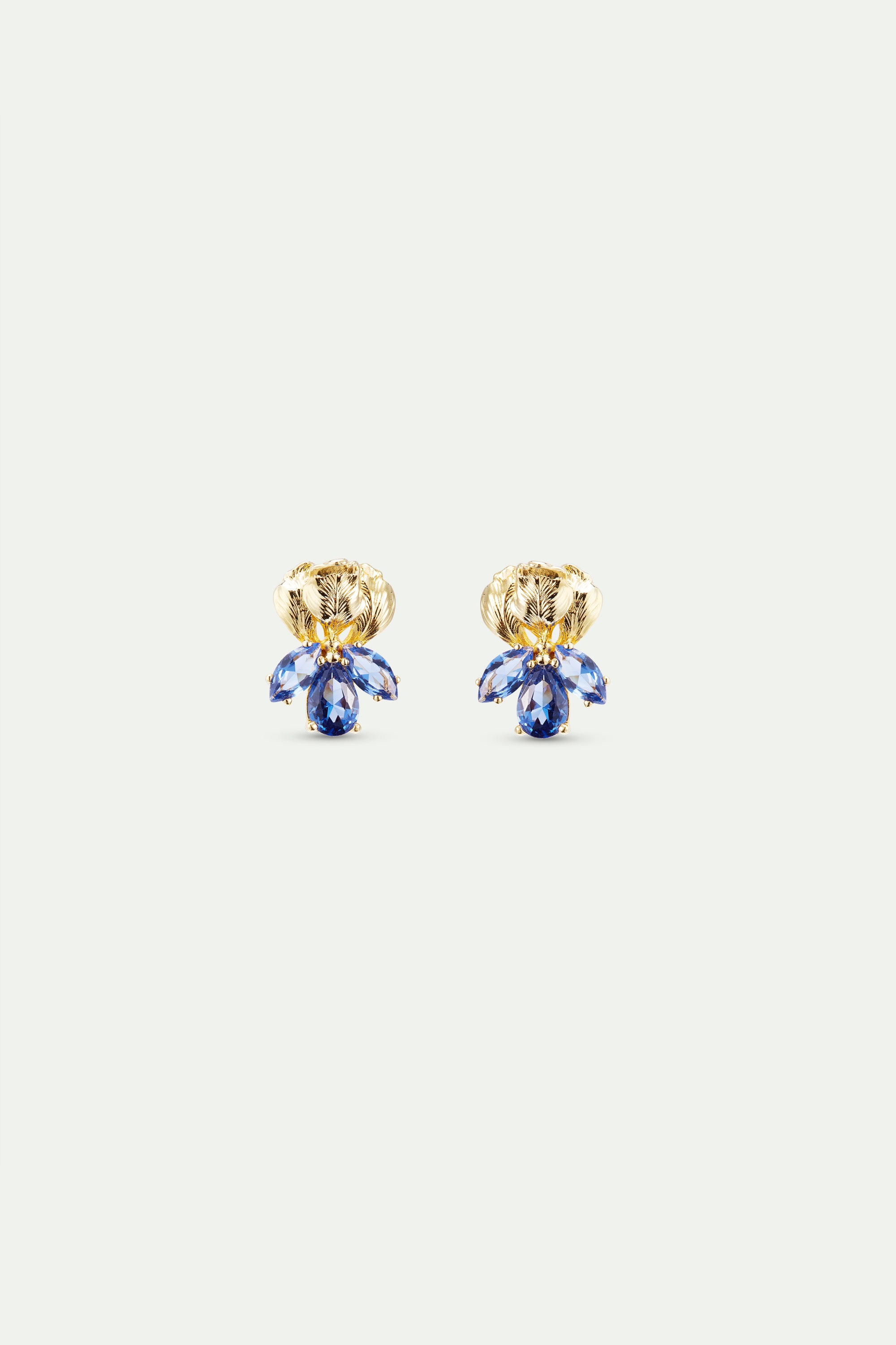 Gold iris flower and blue stone post earrings