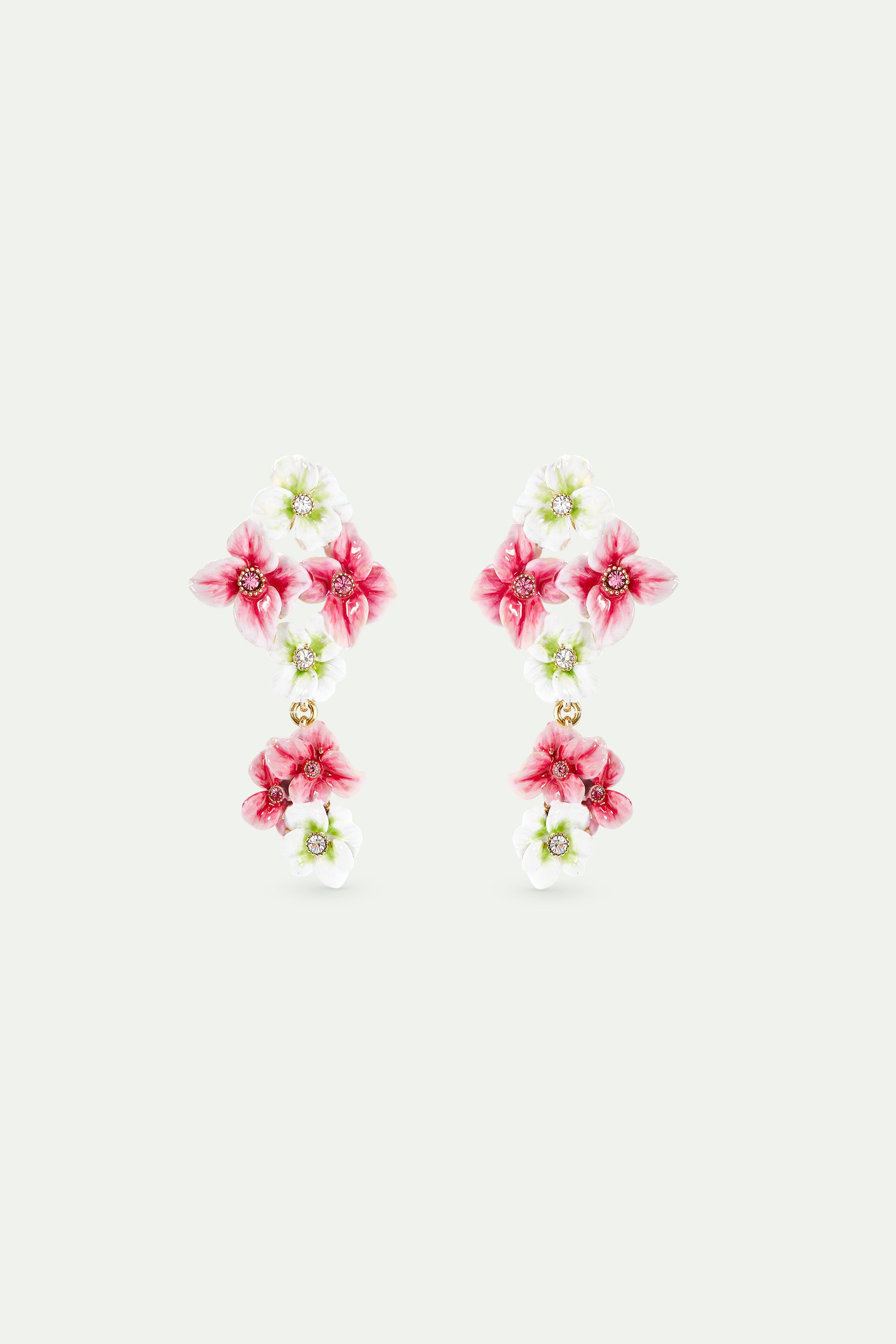 Pink and white hydrangea flower dangle post earrings