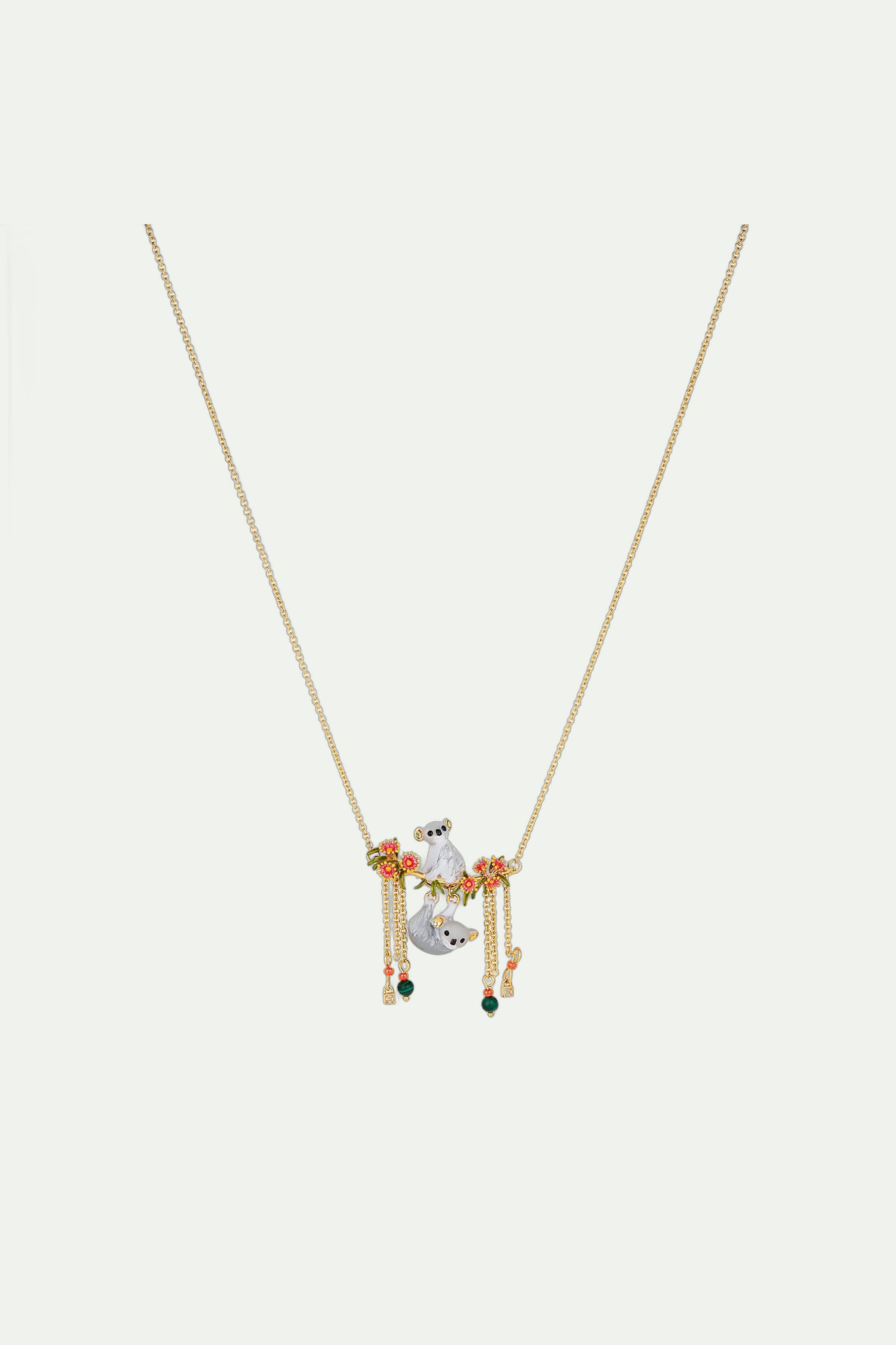 Duo of Koalas, Pink Eucalyptus and malachite beads statement necklace