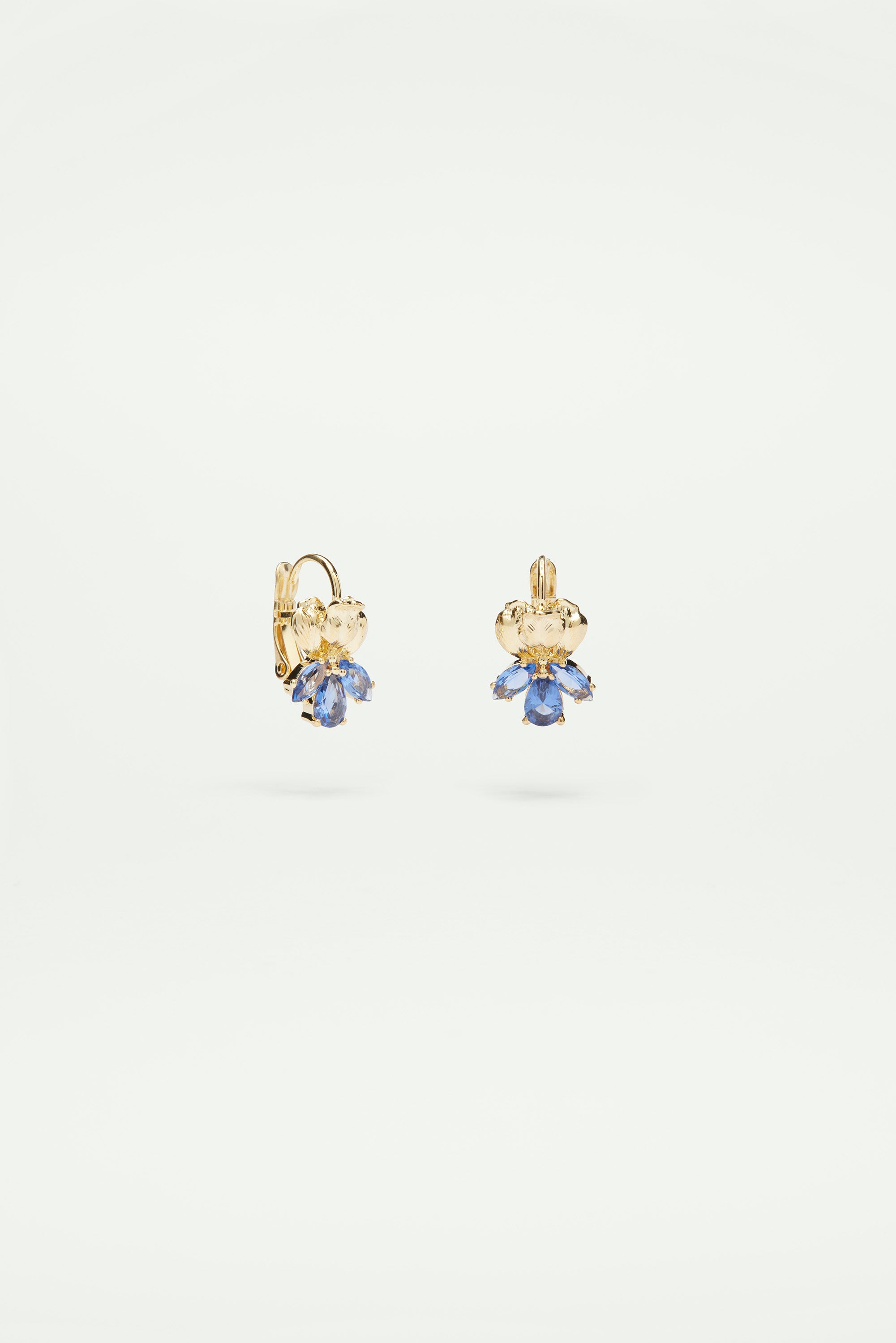 Gold Iris and blue crystal sleeper earrings