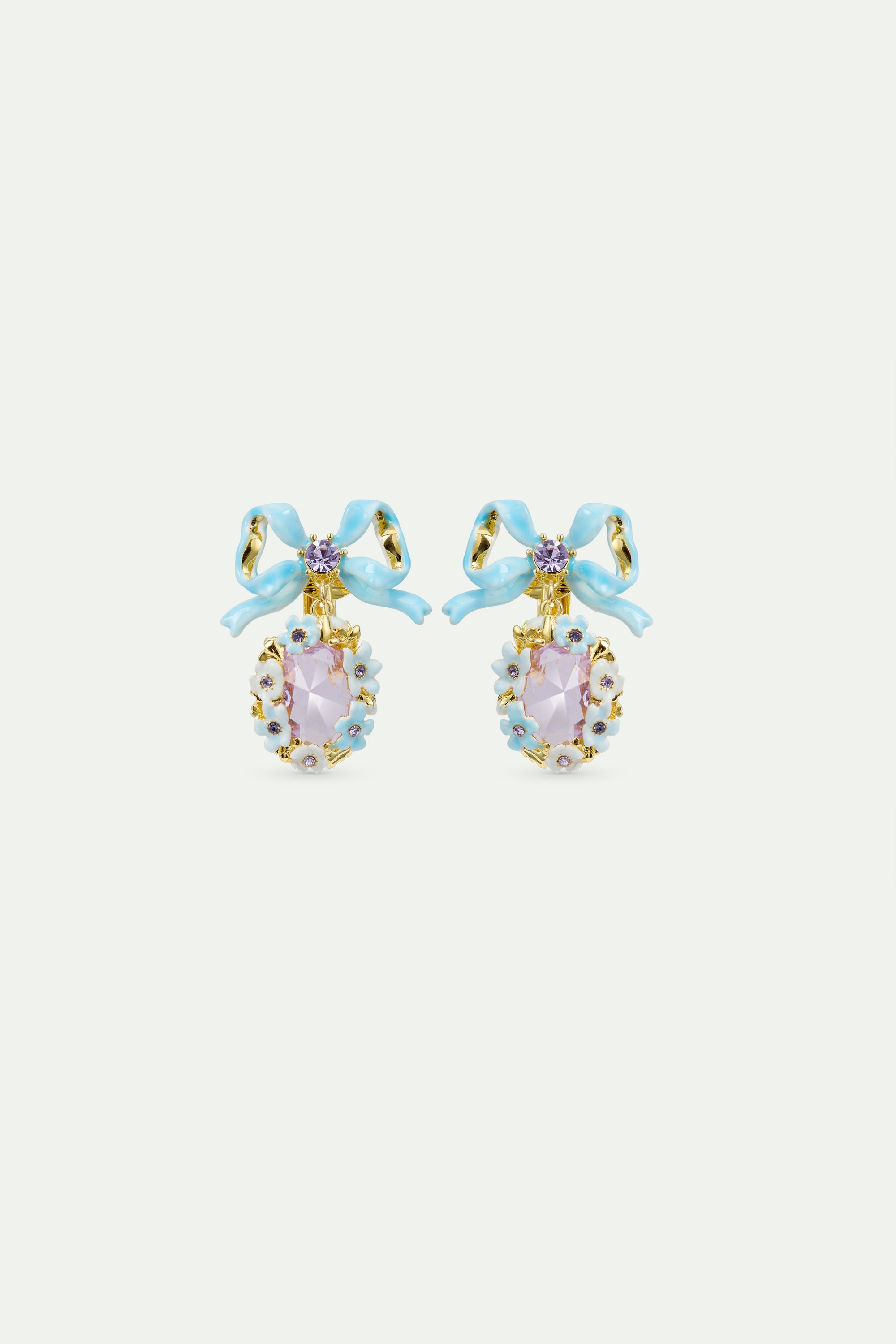 Purple faceted stone wedding earrings with flowers and a blue bow