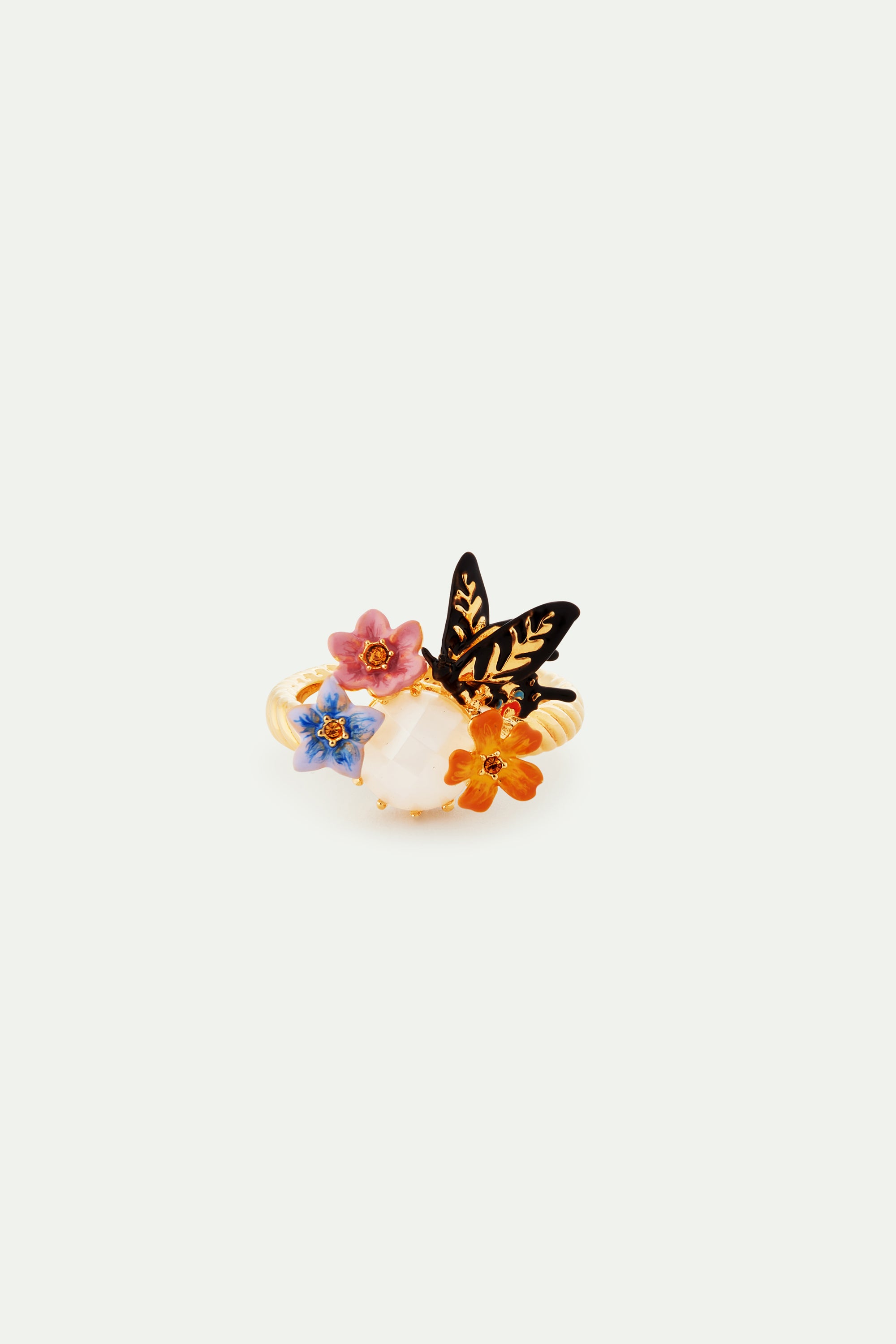 Butterfly, 3 colourful jasmine flowers and faceted stone cocktail ring