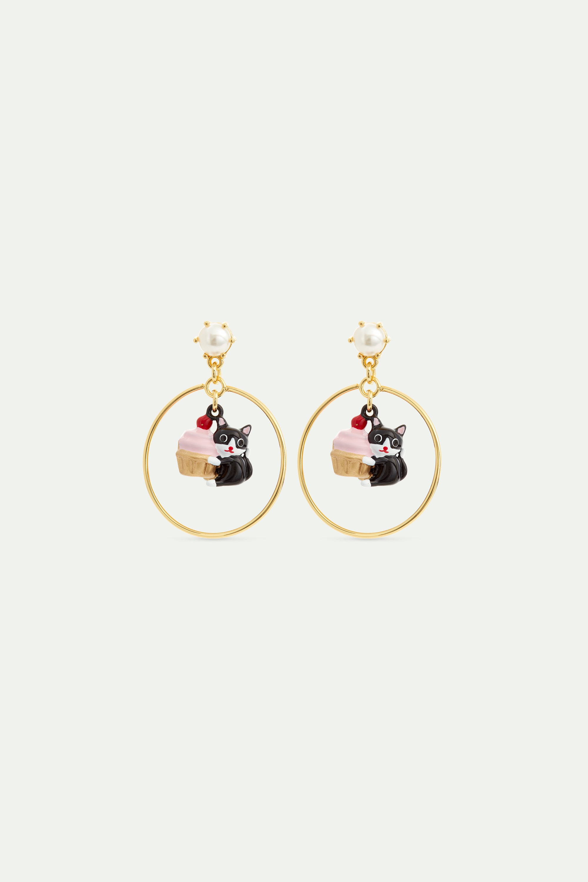 Black cat and pastry dangle hoop earrings