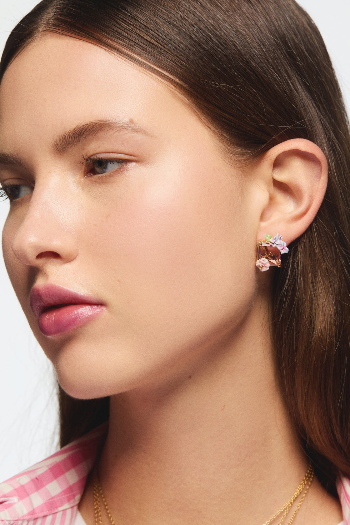 Lizard post earrings with pink cut stone and hydrangea flowers