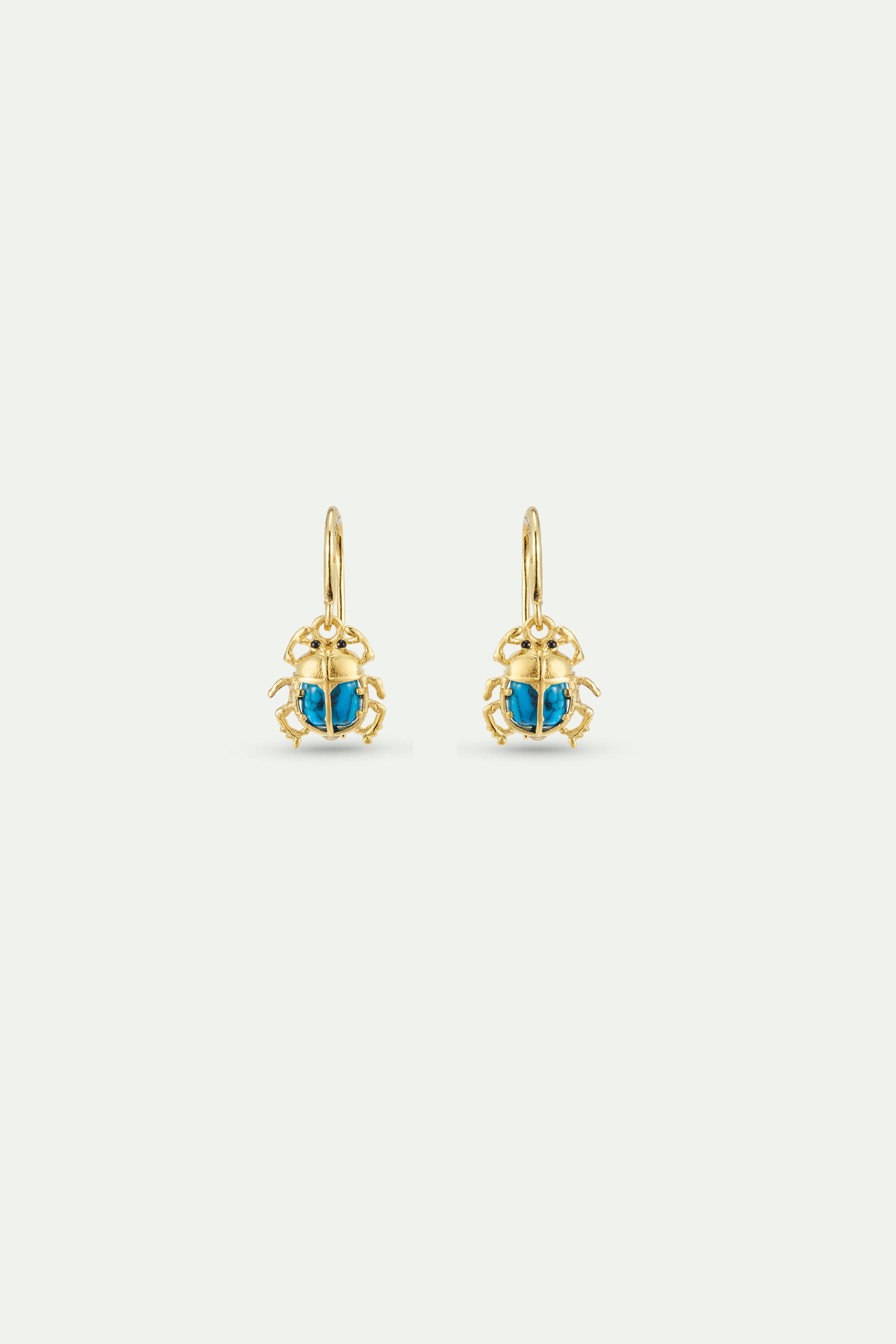 Turquoise and gold beetle hook earrings