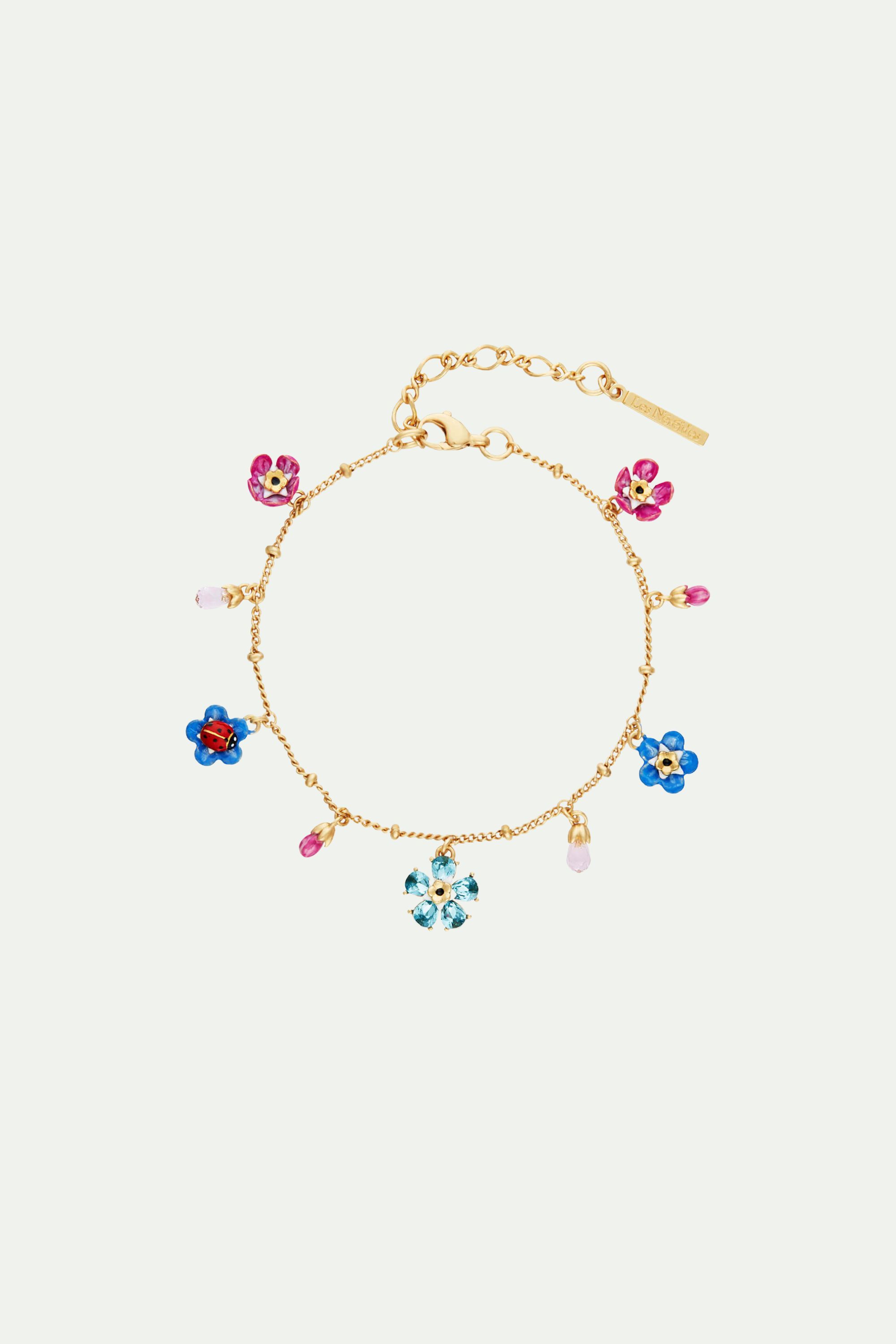 Forget-me-not and Ladybird Faceted Crystal Flower Charm Bracelet