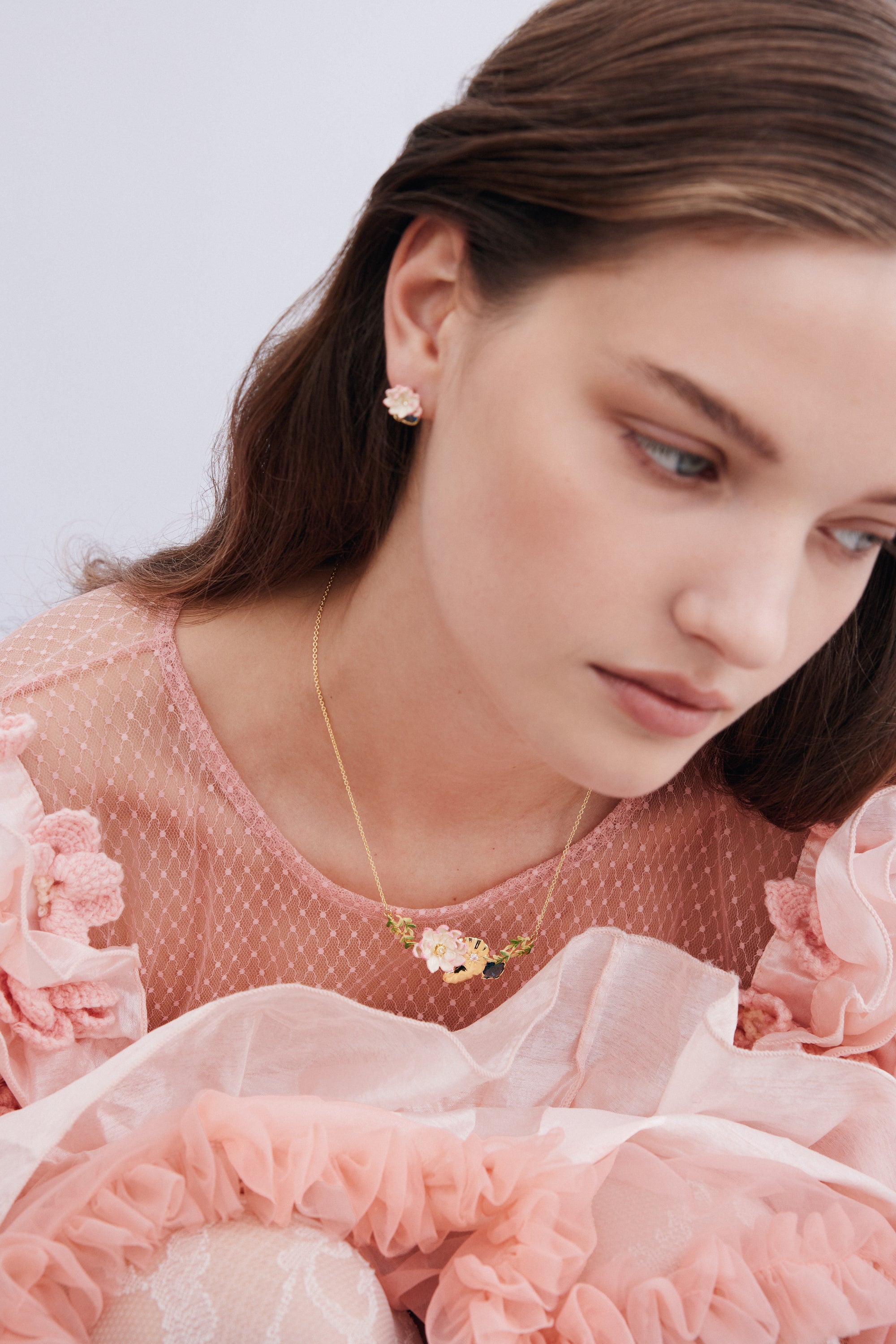 Pink water lily and round blue stone clip-on earrings