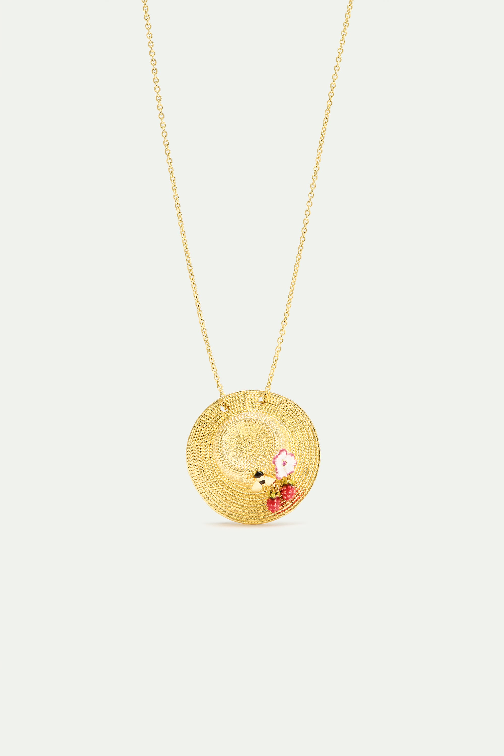 Pendant necklace with gold hat, cosmos, bee, raspberry and pink crystal
