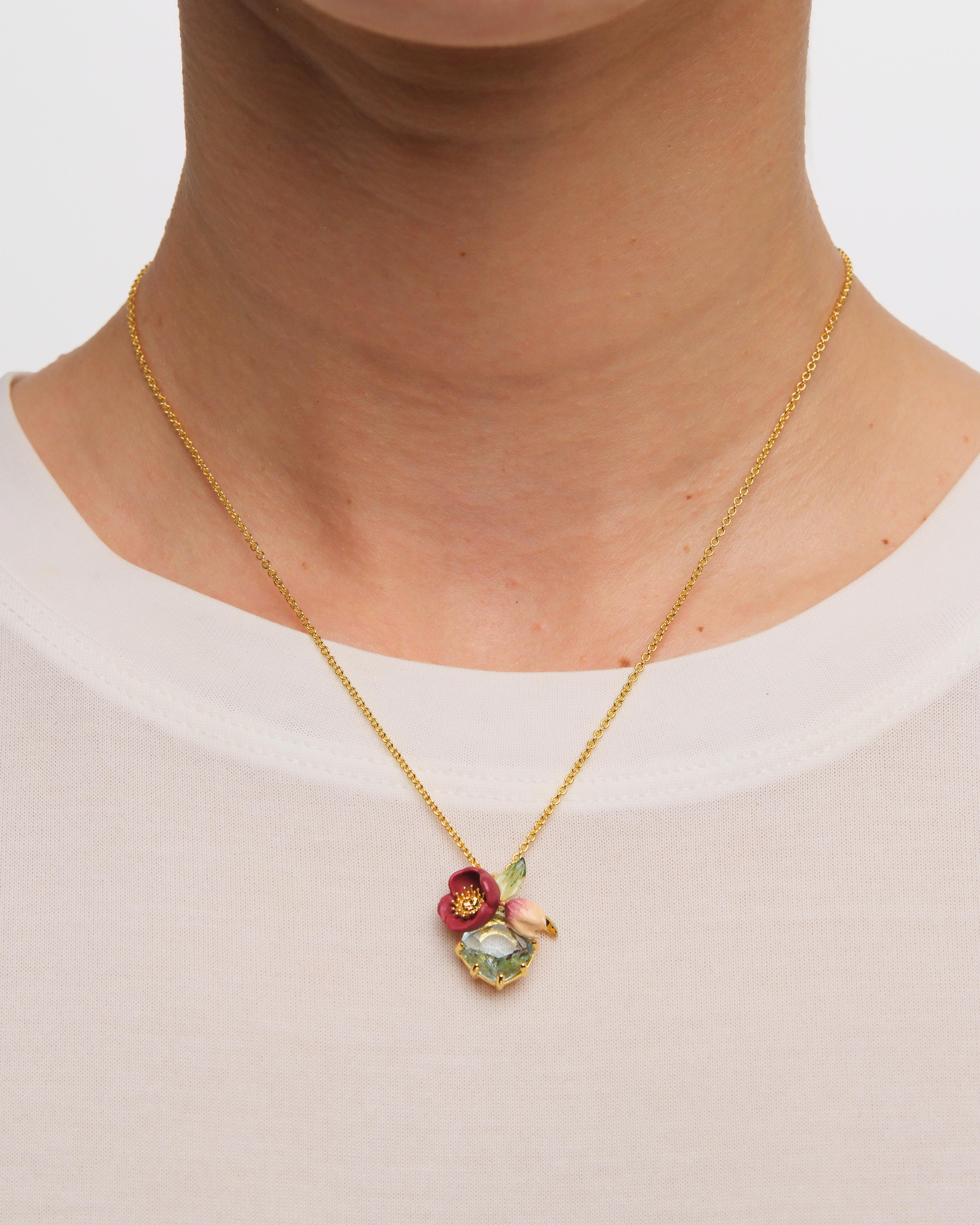 Red hellebore flower and faceted stone pendant necklace