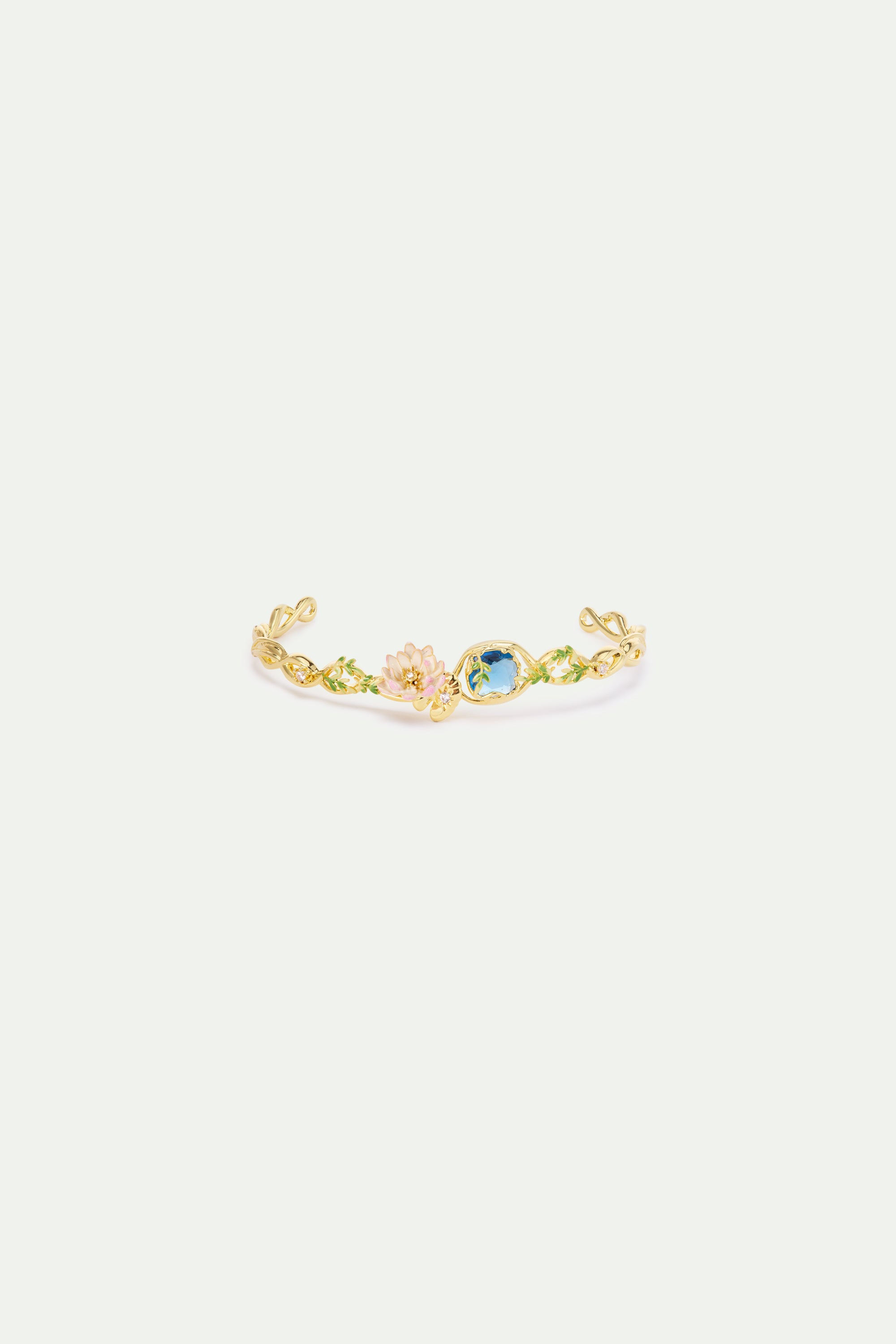 Pink water lily and round blue stone cuff bracelet