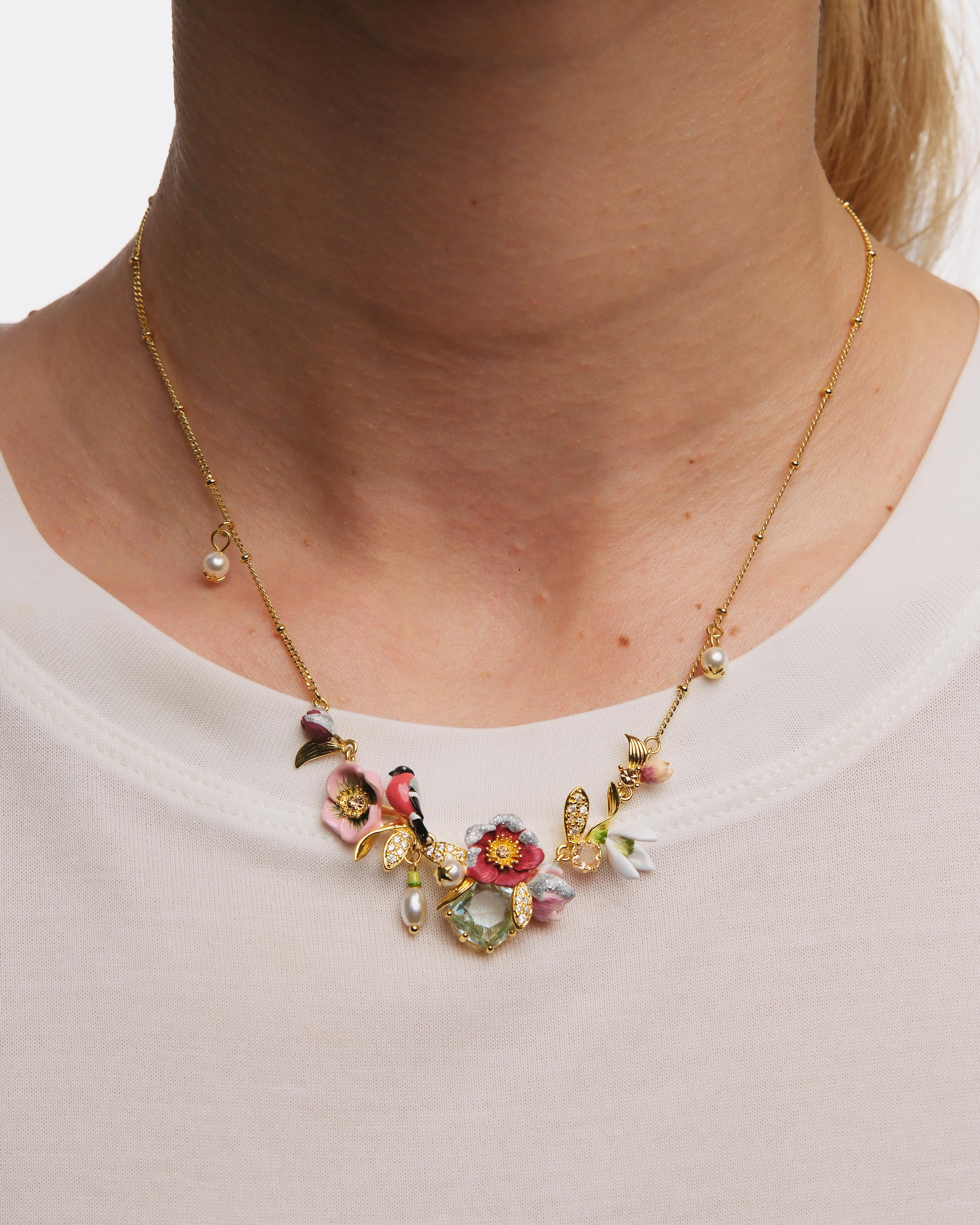 Hellebore flower, snowdrops, bullfinch and mistletoe statement necklace