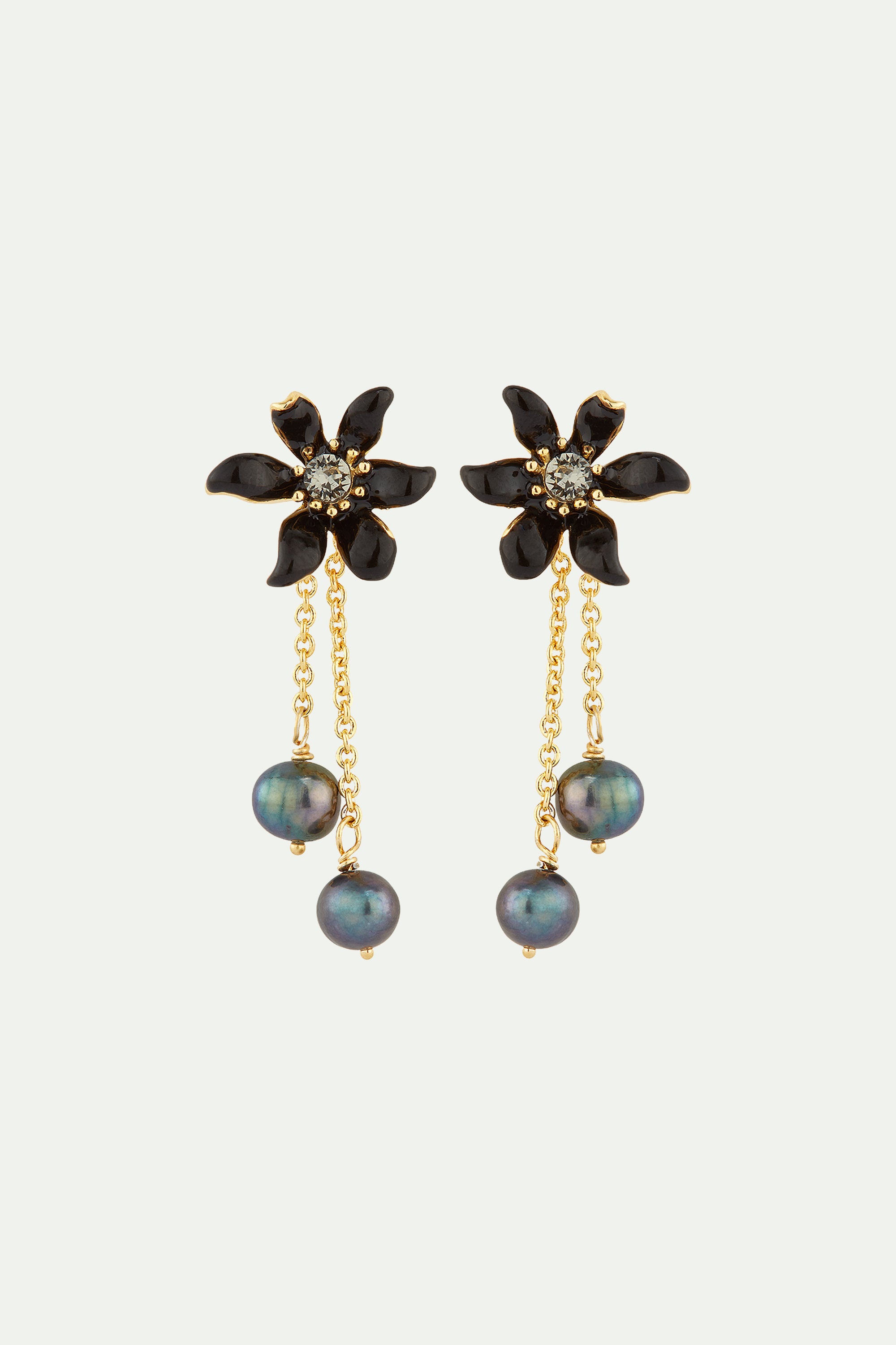 Black lily and cultured pearls post earrings