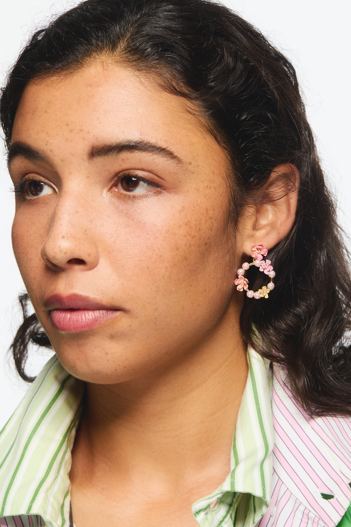 Pink magnolia flowers and white artificial pearl hoop earrings