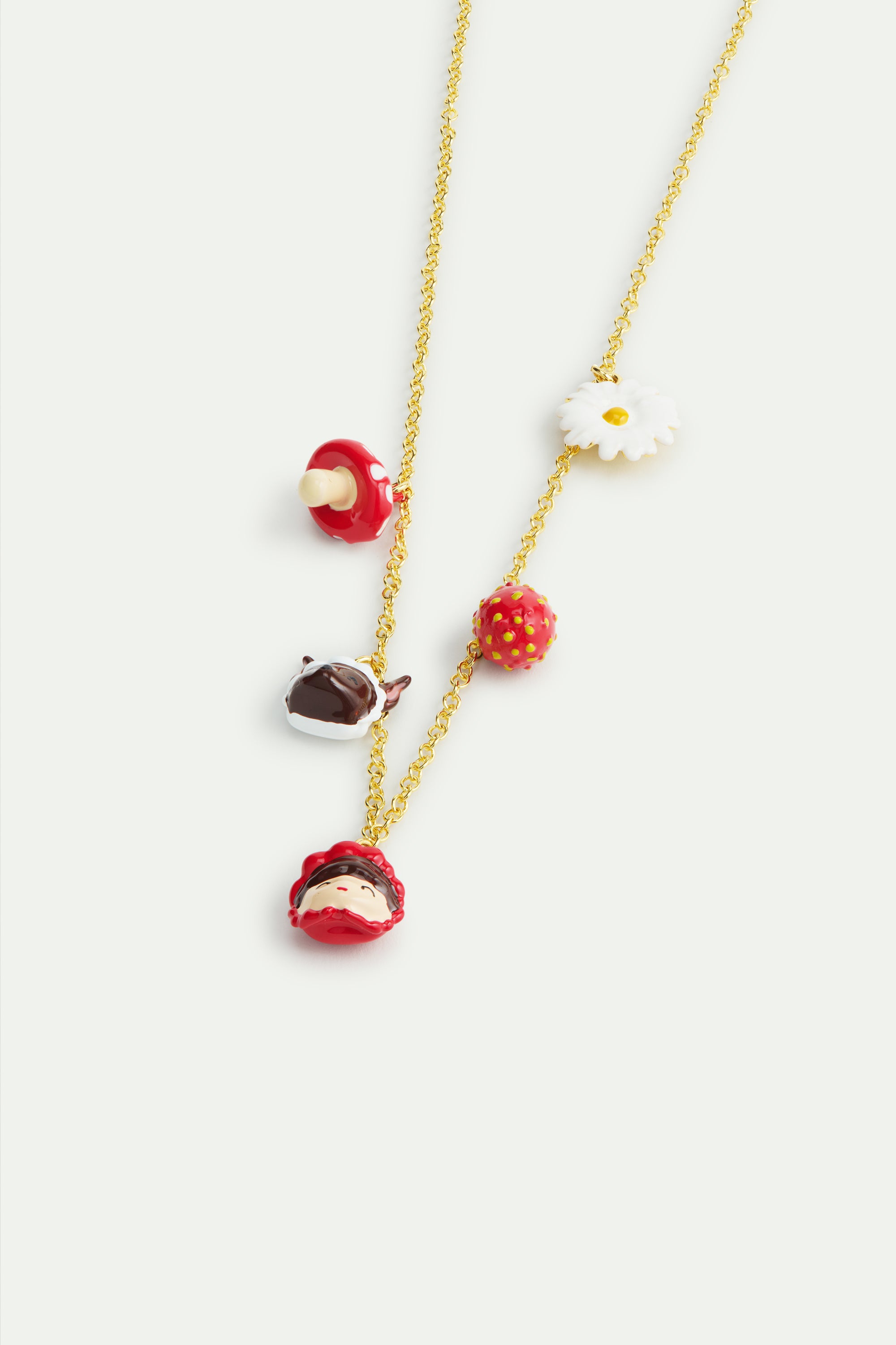 Little Red Riding Hood, Wolf, mushroom, strawberry and daisy pendant necklace