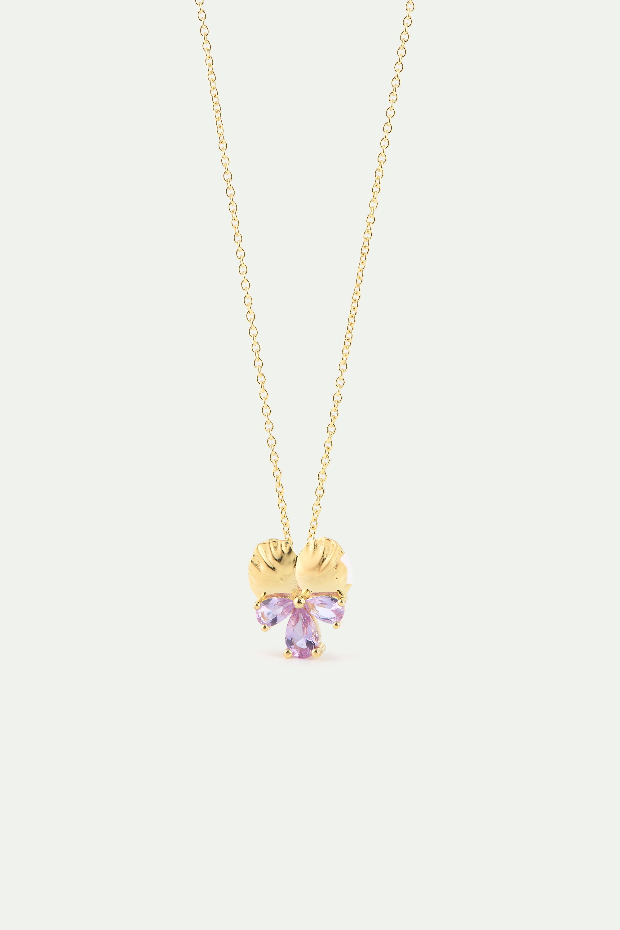 Gold pendant necklace with pansies and pink stones