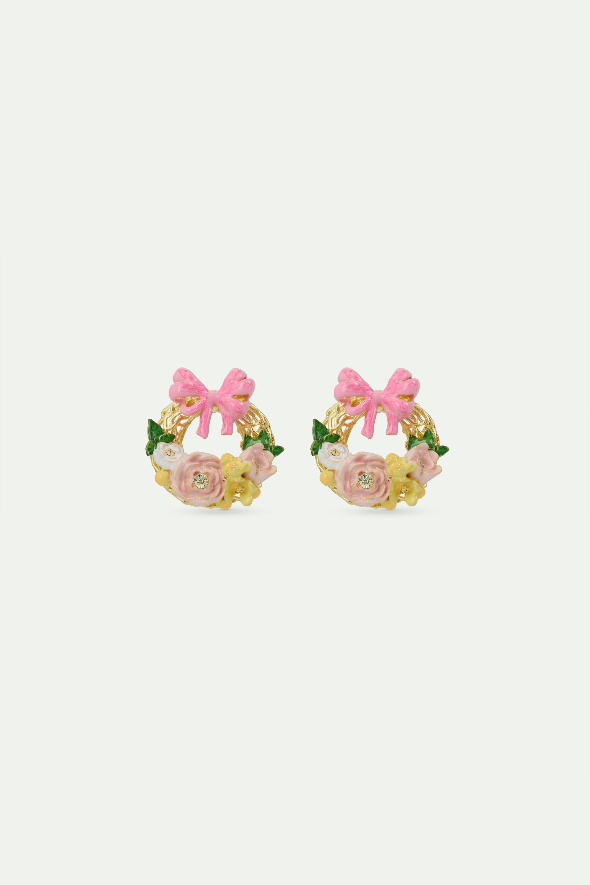 Flower crown and pink bow post earrings