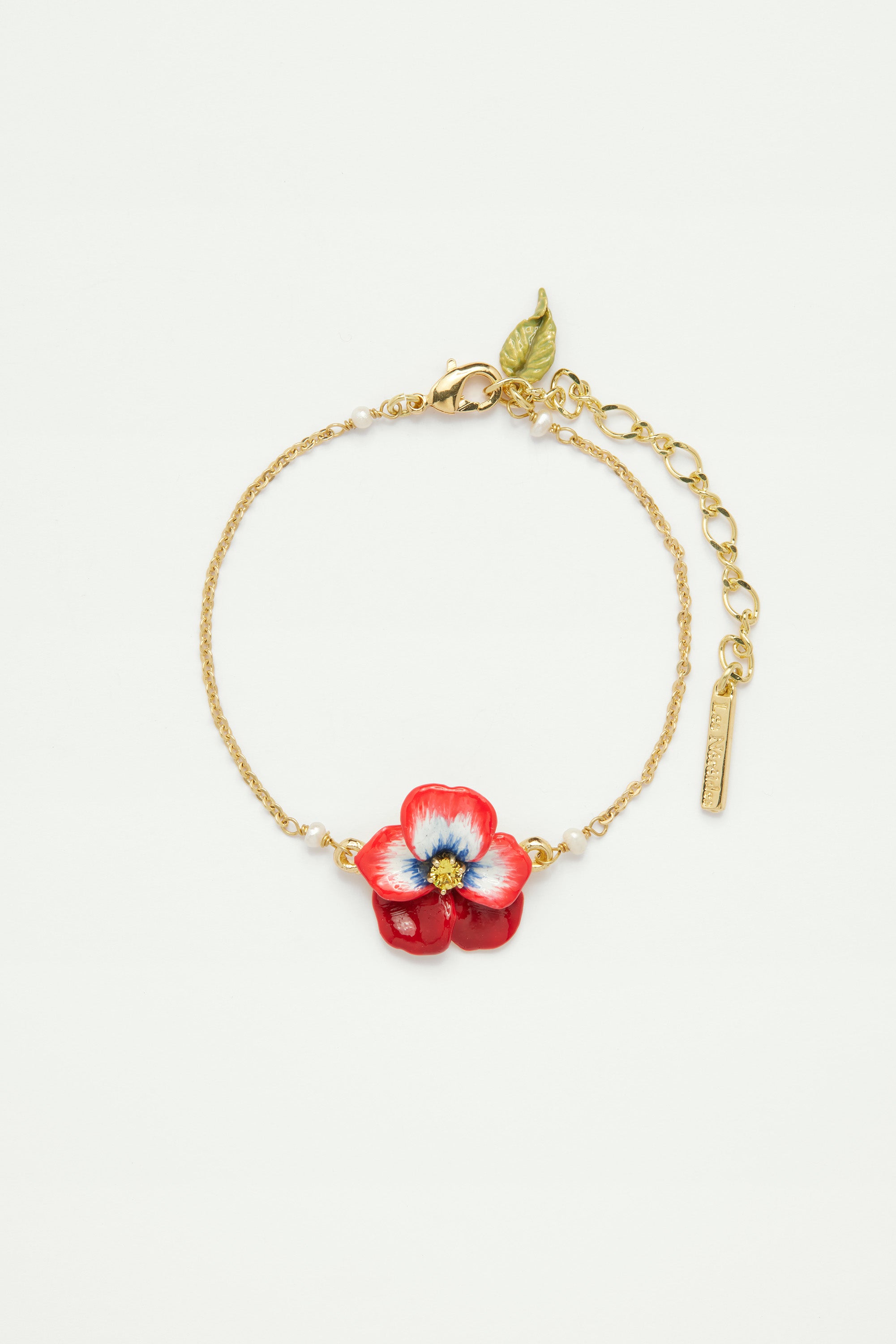 Red Pansy and faceted crystal thin link chain bracelet