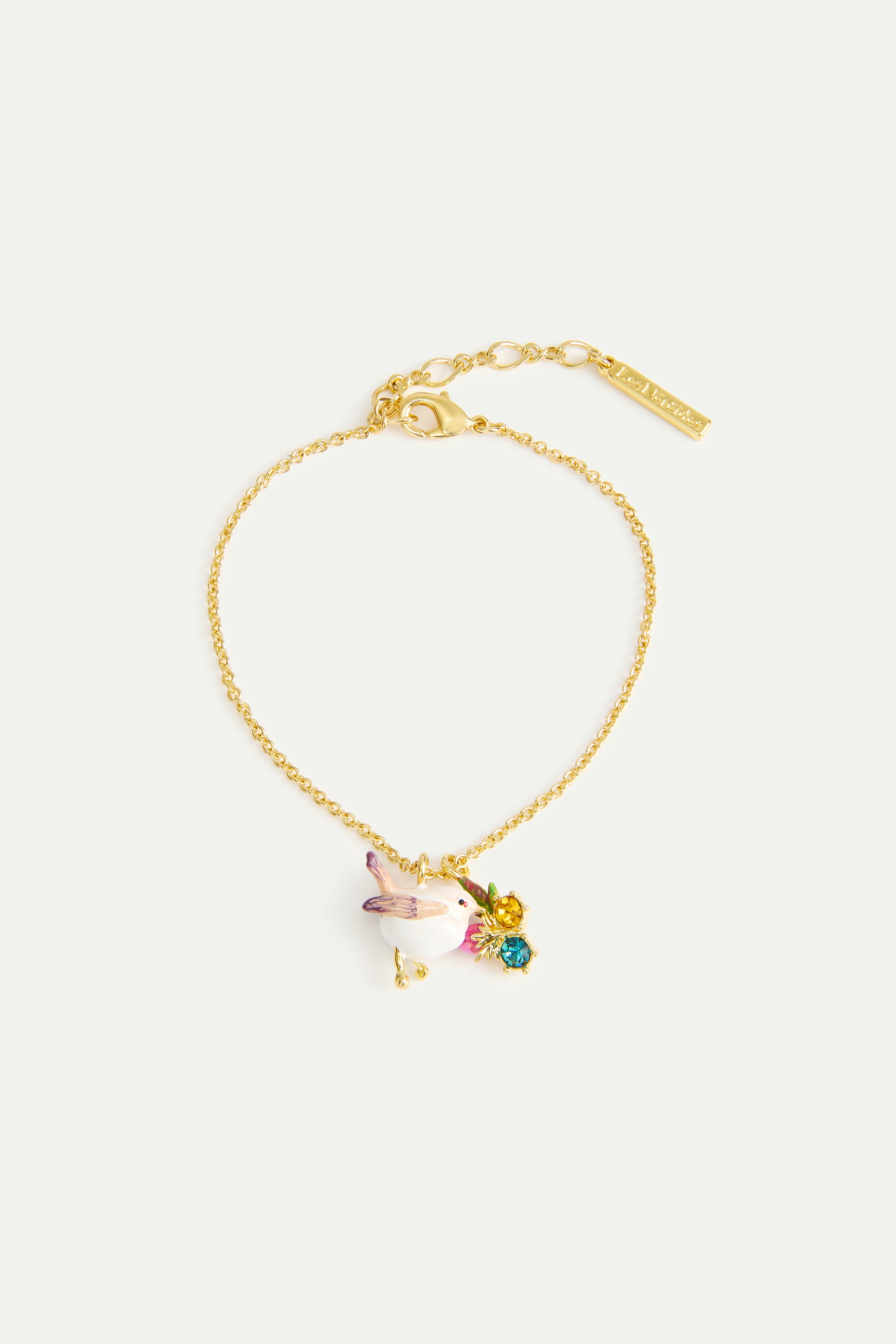 Pendant bracelet with snow bunting, rosebud and crystals