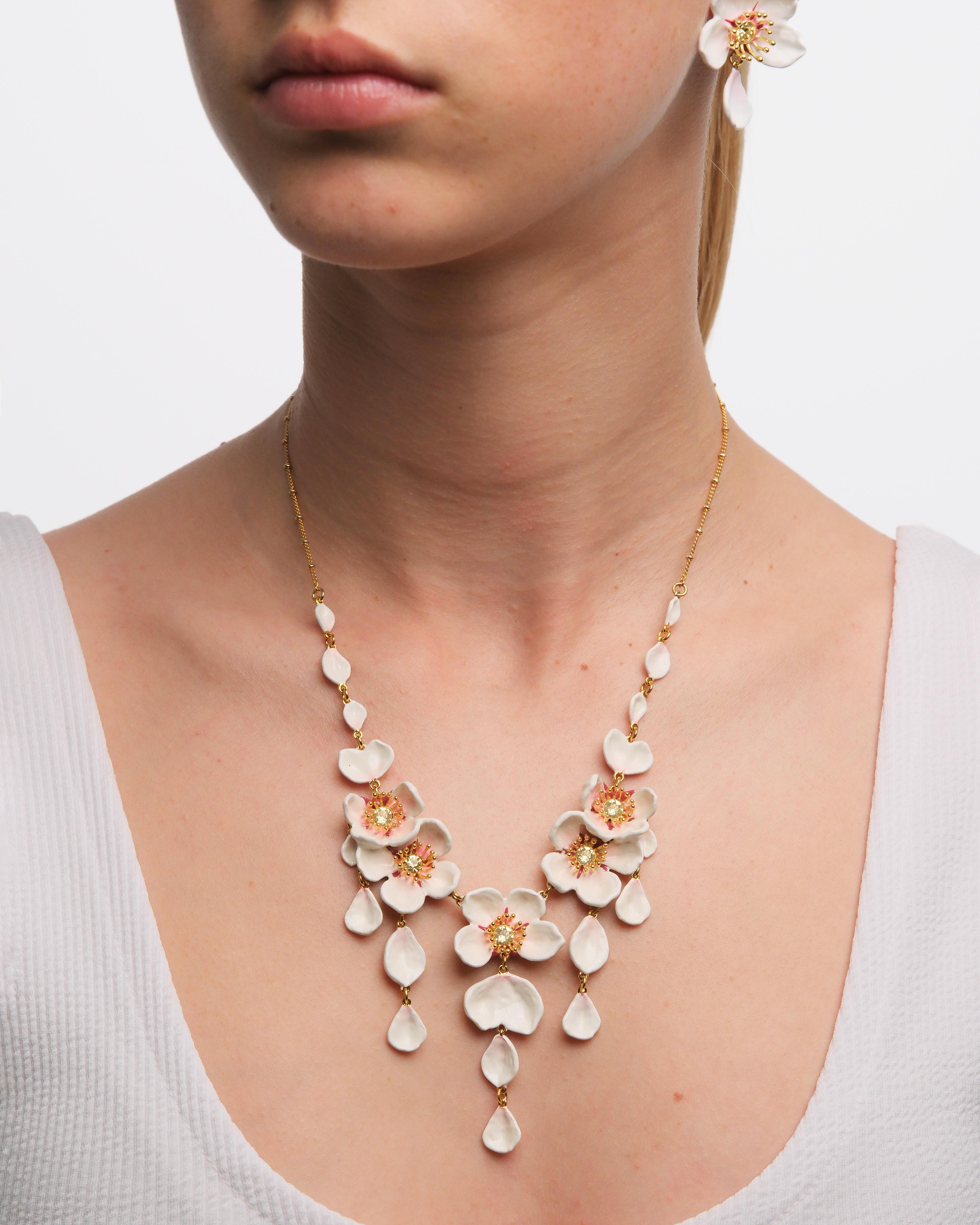 White cherry blossom and petals collar necklace