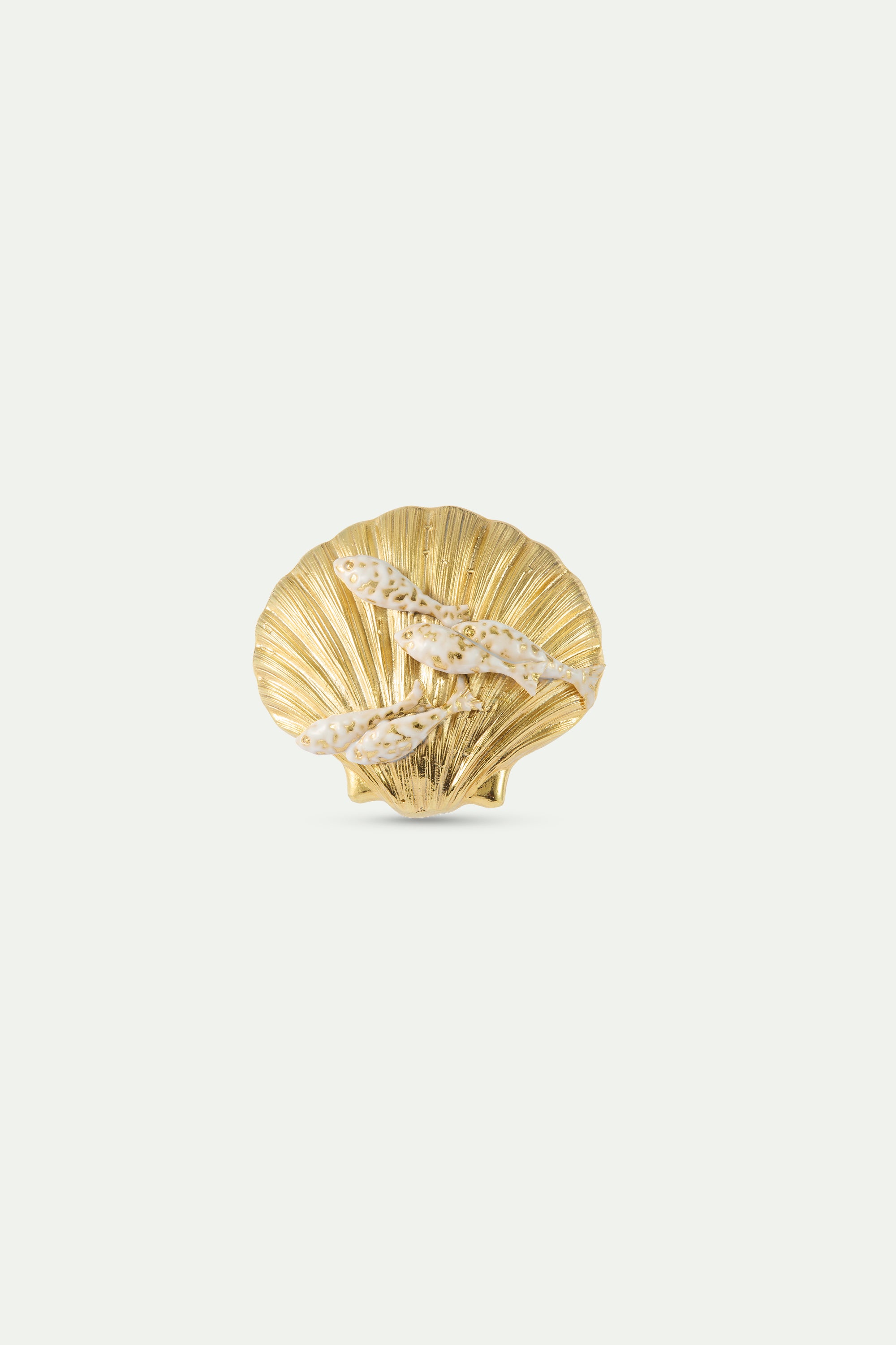 Golden seashell and white fish brooch