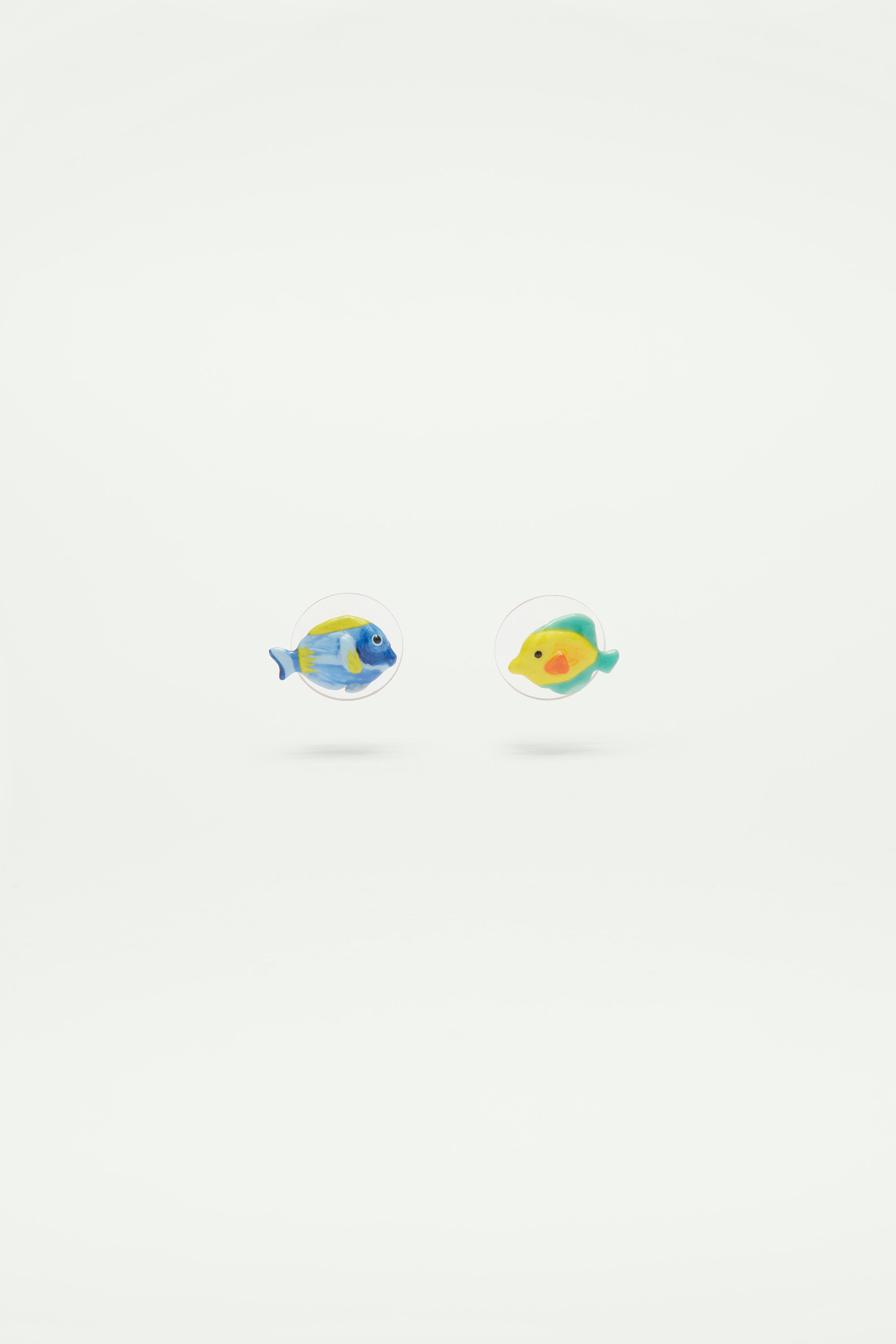 Asymmetrical blue fish and yellow fish post earrings