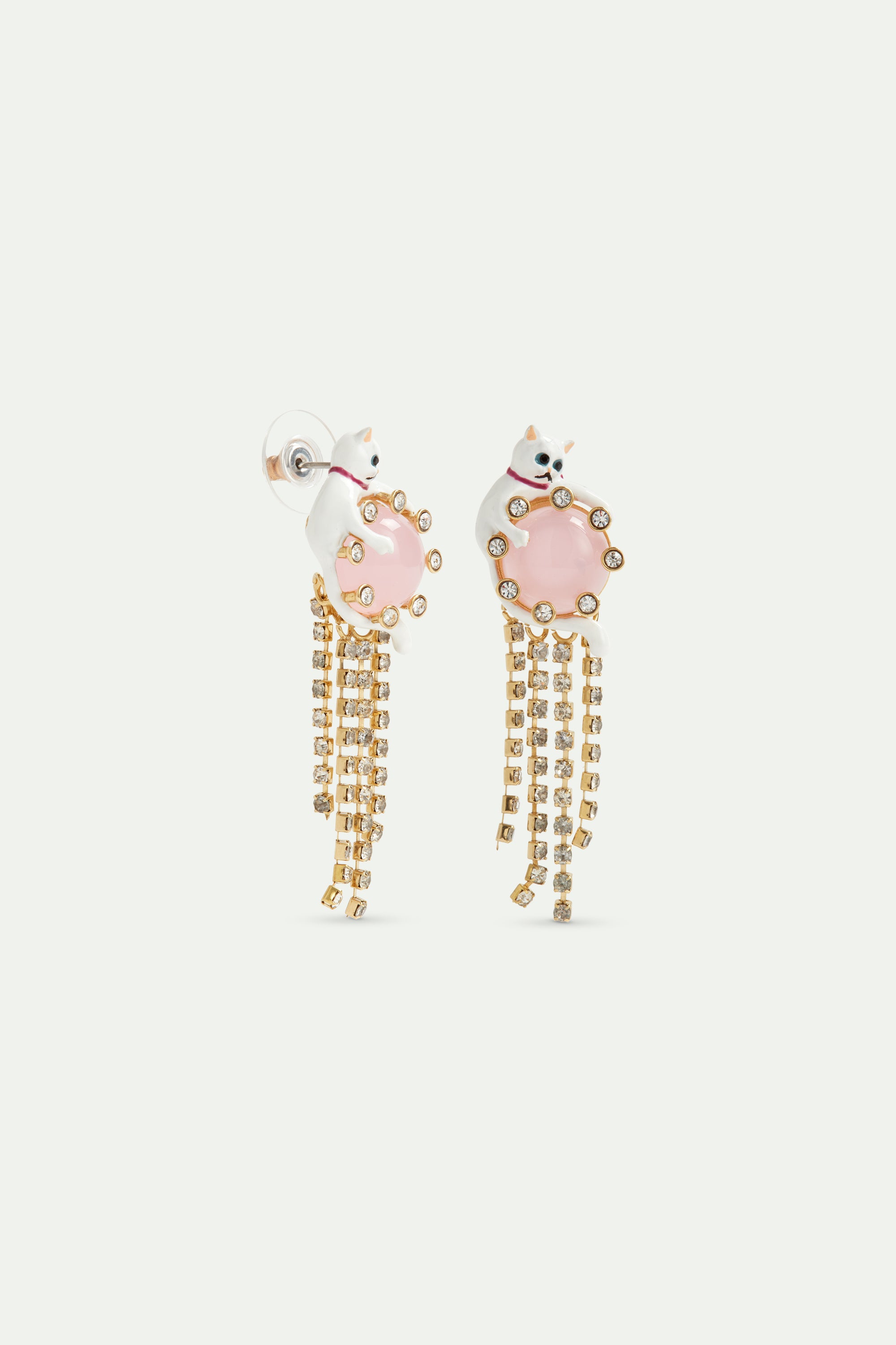 Dangle post earrings with white cat, pink round stone, and rhinestone chain.