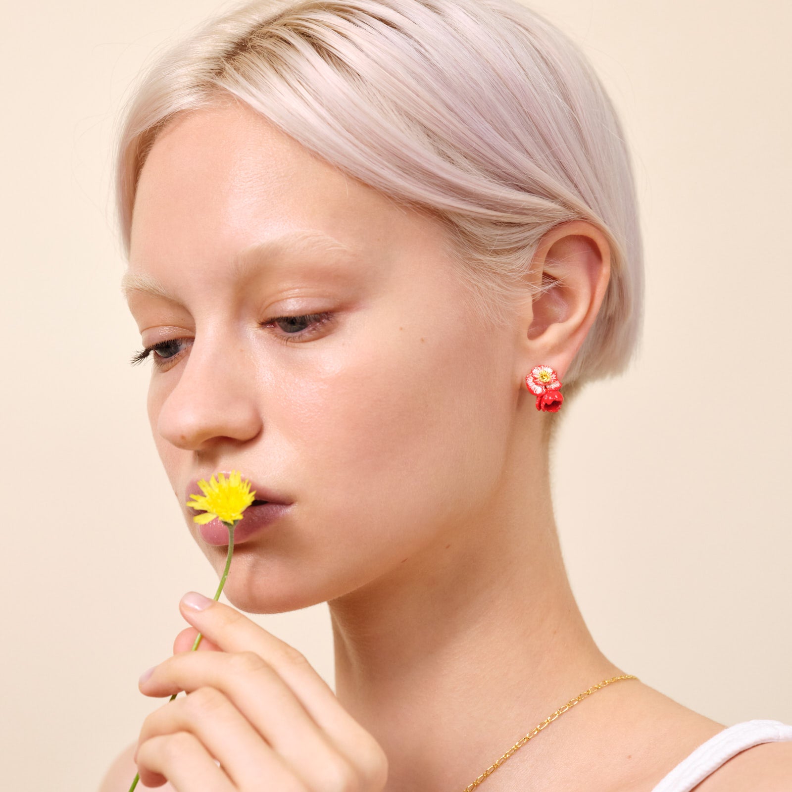 Poppy and golden bead post earrings