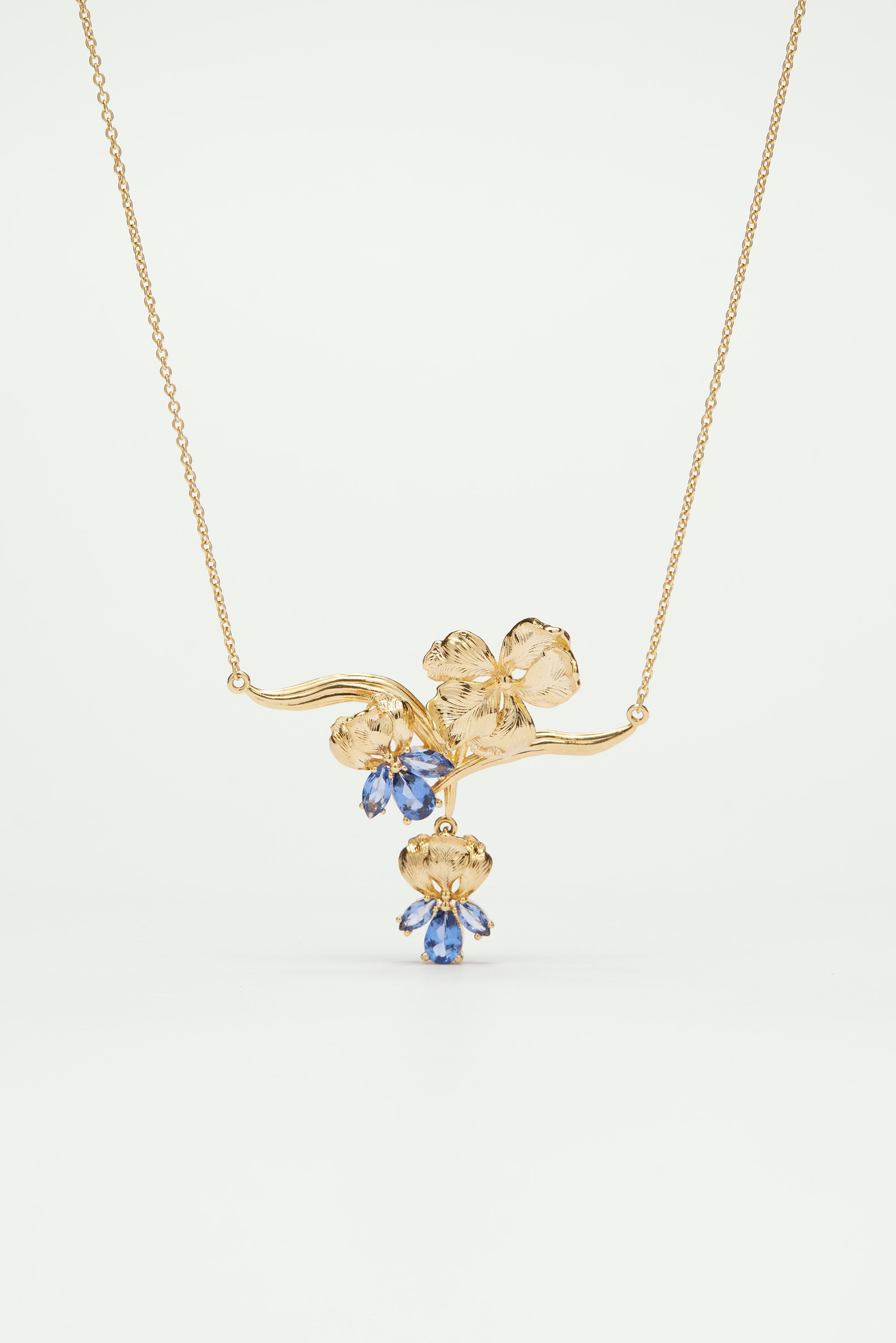Gold iris and blue crystal statement necklace