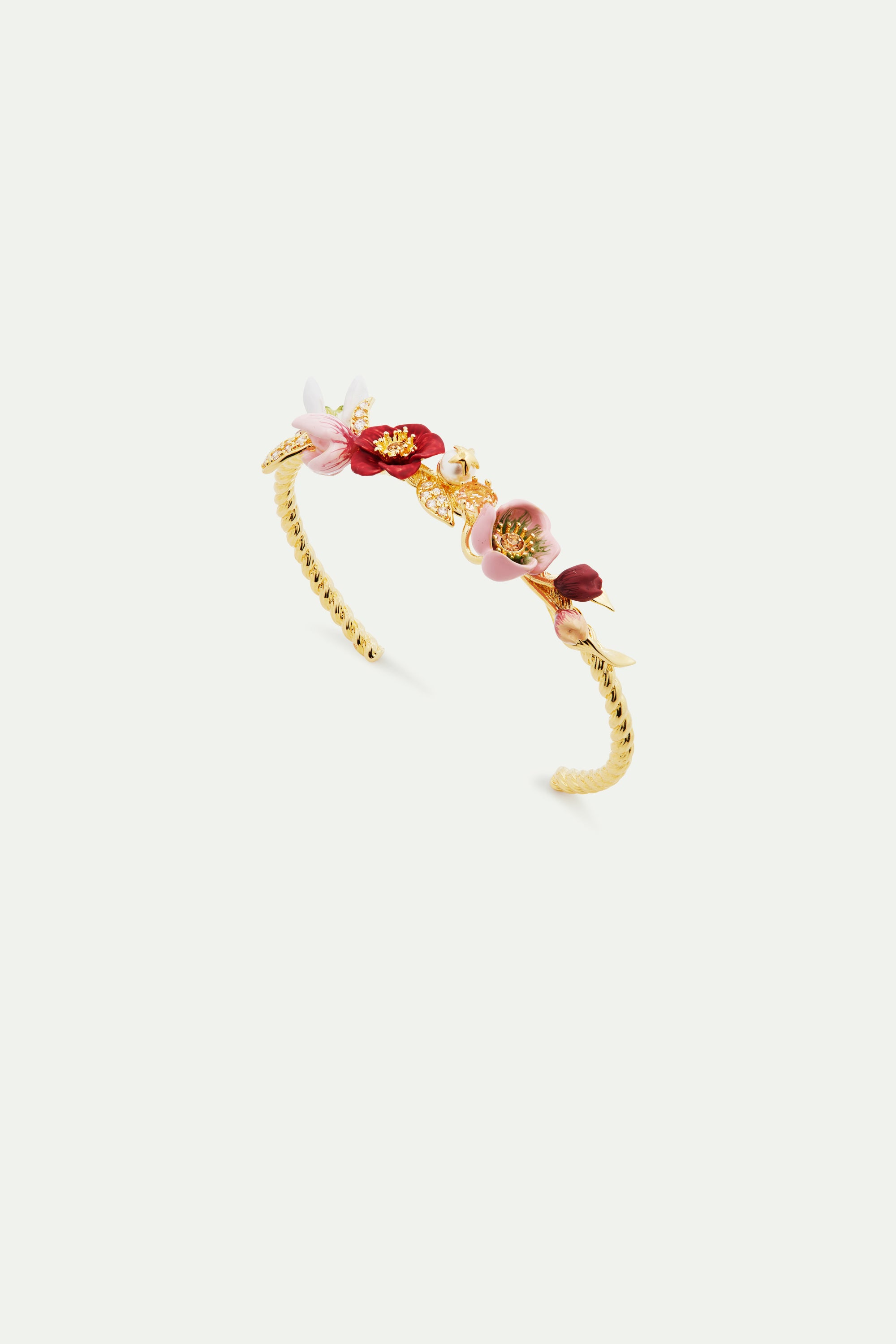 Cuff bracelet composed of hellebore flower, glass pearl beads and leaves paved with cubic zirconia