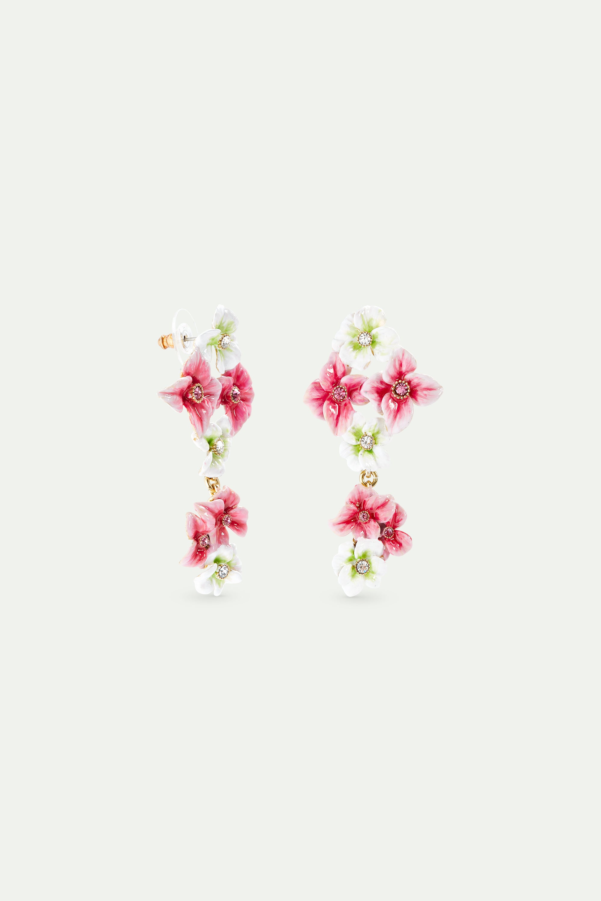 Pink and white hydrangea flower dangle post earrings